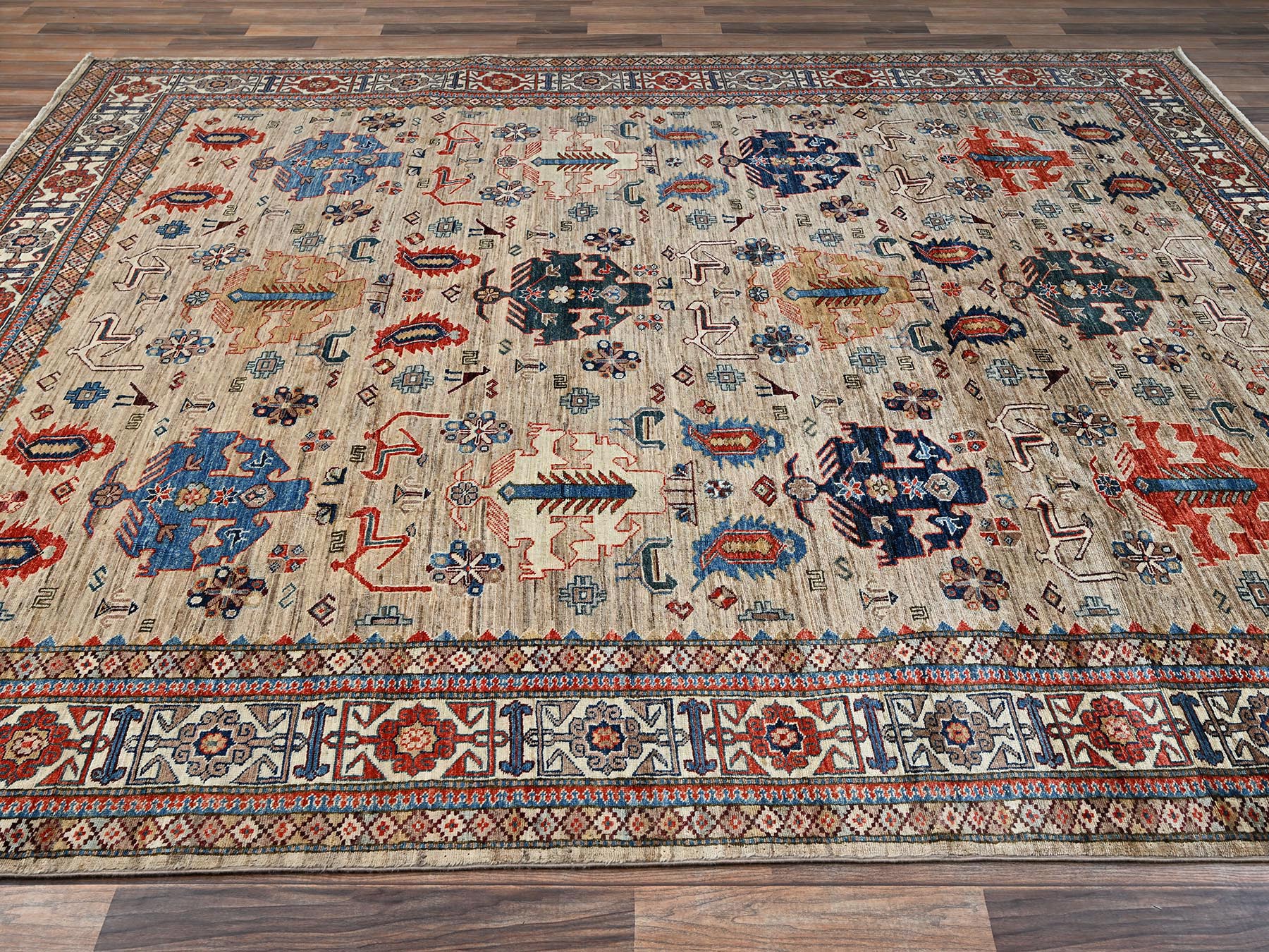 8'3"x9'9" Beige, Hand Knotted, Afghan Super Kazak with Geometric Medallions Design, Pure Wool, Vegetable Dyes, Oriental Rug HR1822 - Image 4