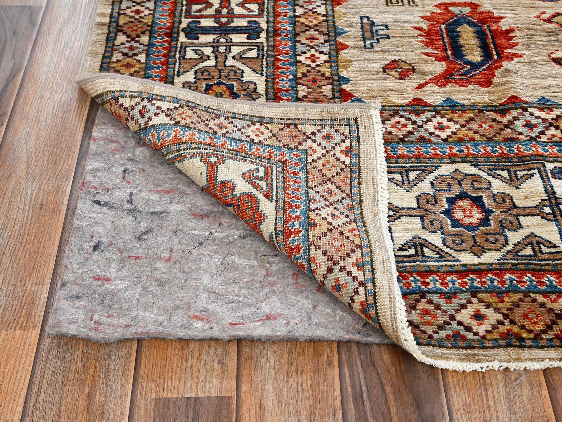 8'3"x9'9" Beige, Hand Knotted, Afghan Super Kazak with Geometric Medallions Design, Pure Wool, Vegetable Dyes, Oriental Rug HR1822 - Image 5