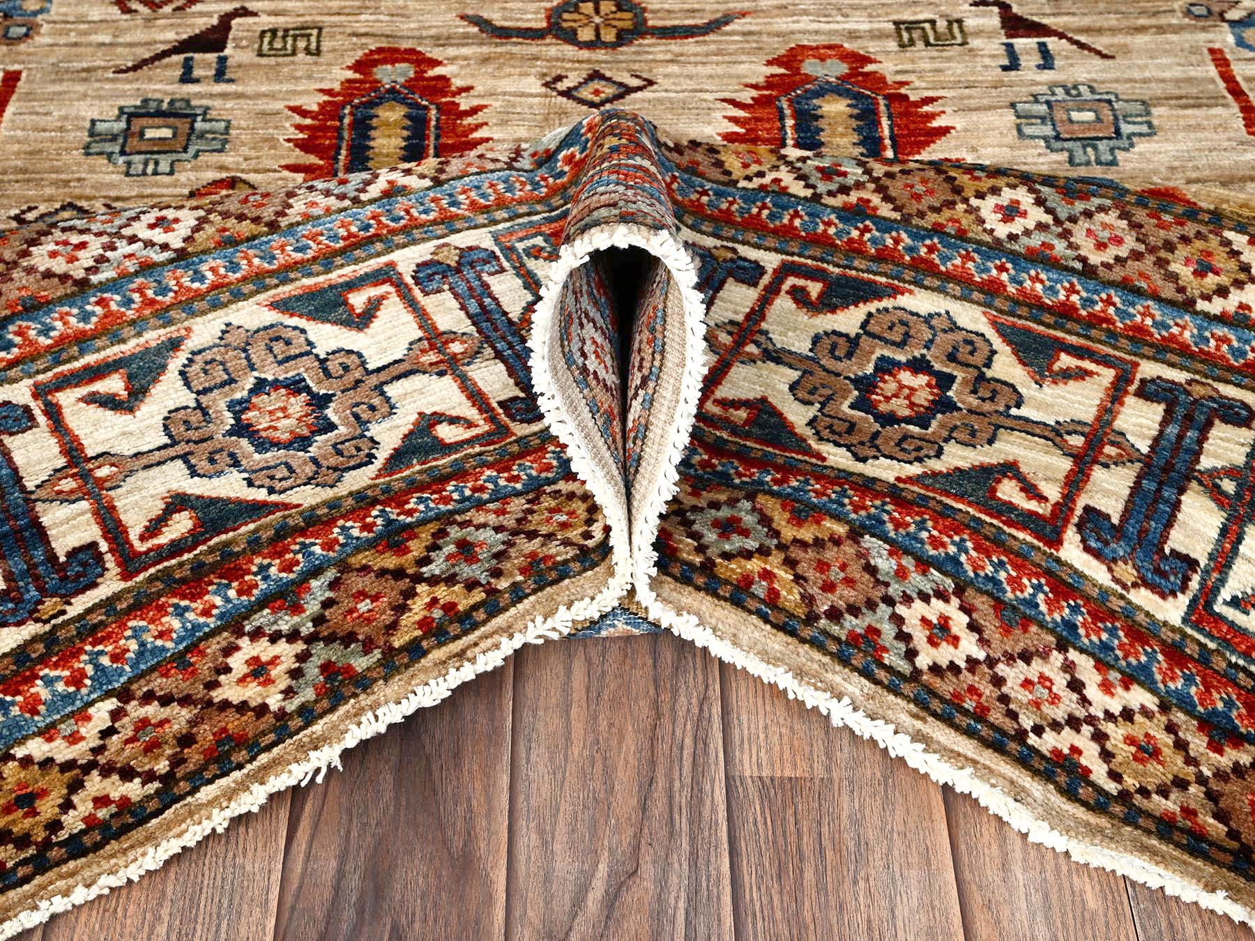 8'3"x9'9" Beige, Hand Knotted, Afghan Super Kazak with Geometric Medallions Design, Pure Wool, Vegetable Dyes, Oriental Rug HR1822 - Image 6