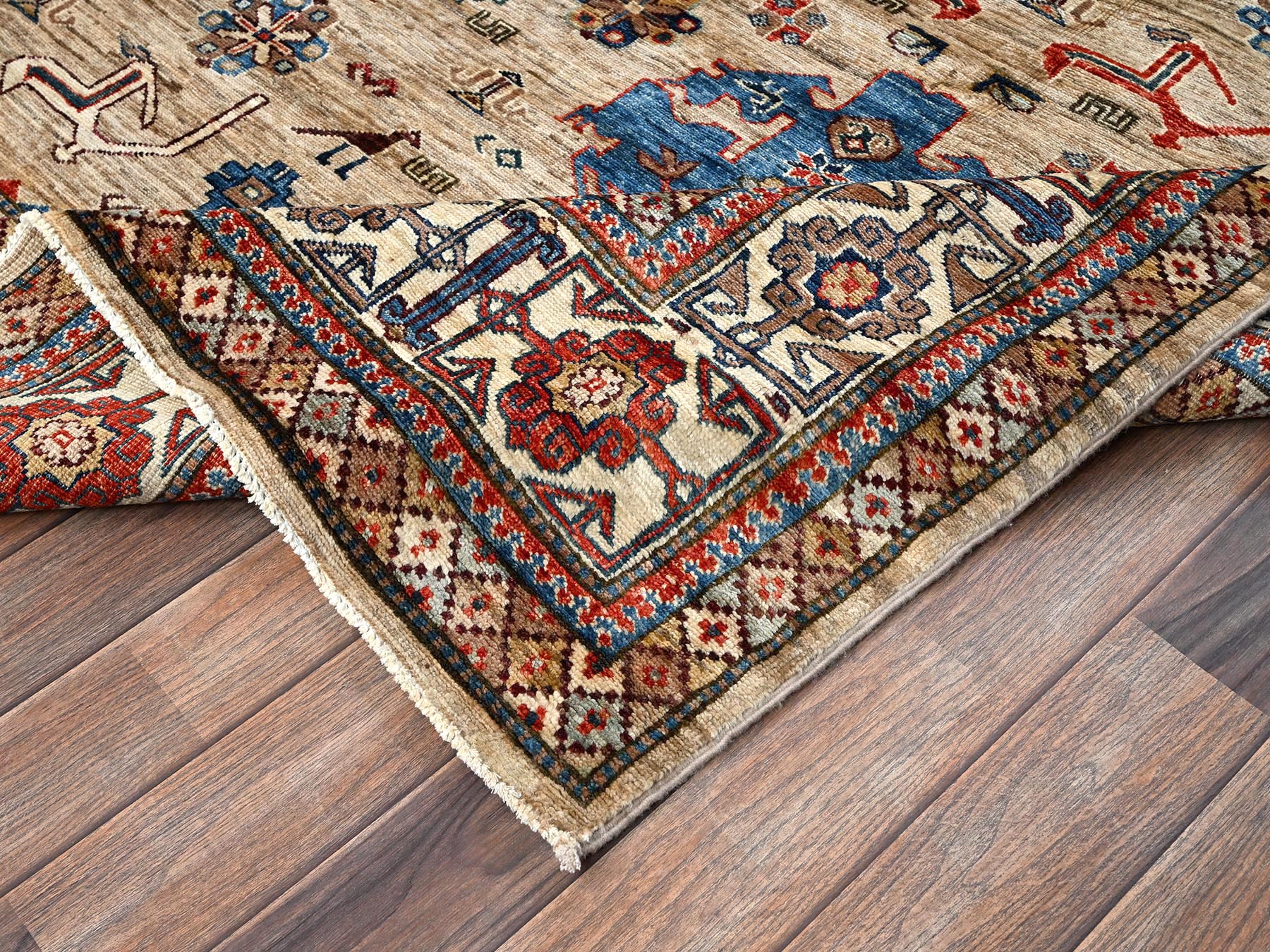 8'3"x9'9" Beige, Hand Knotted, Afghan Super Kazak with Geometric Medallions Design, Pure Wool, Vegetable Dyes, Oriental Rug HR1822 - Image 7