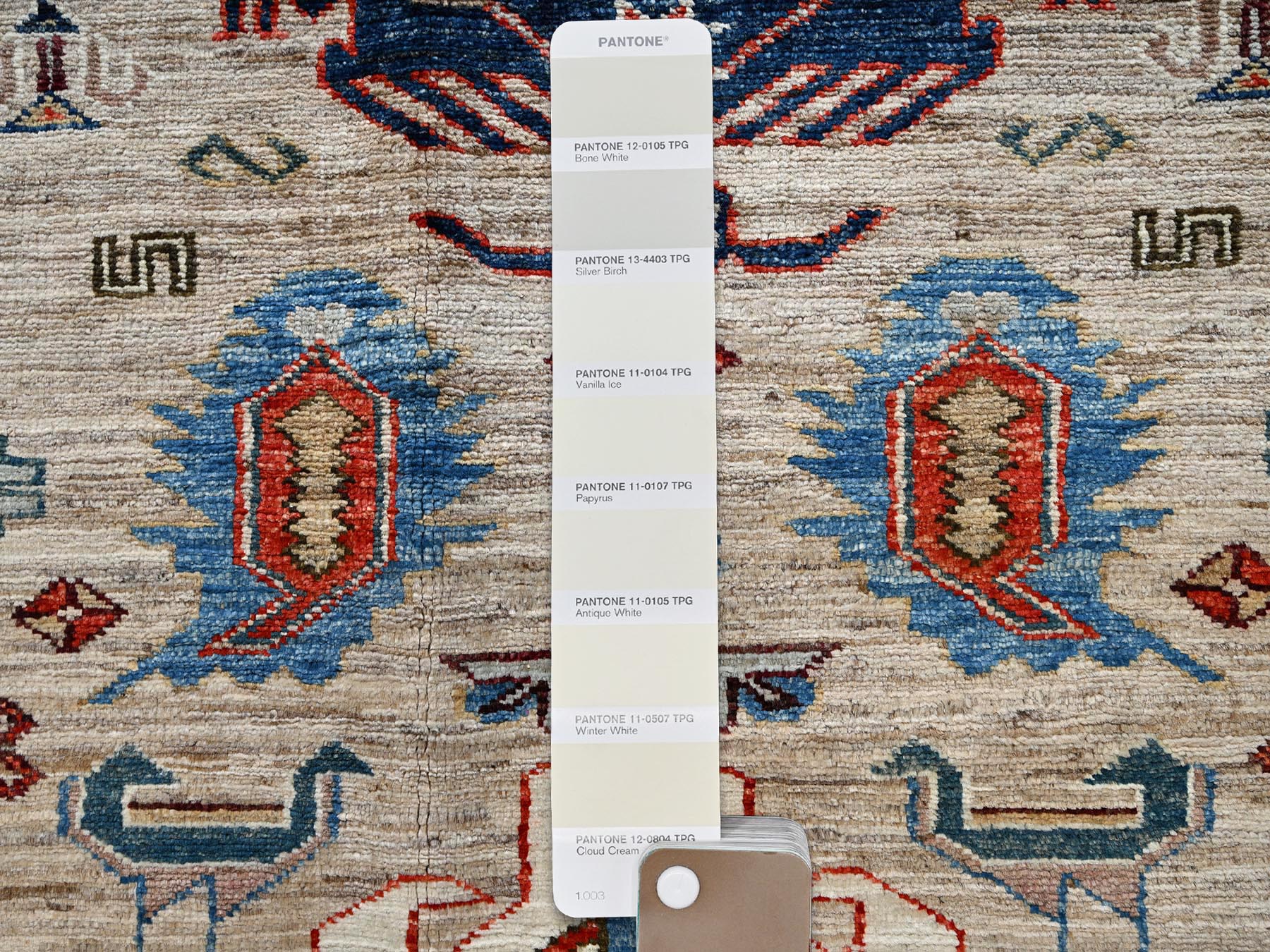 8'3"x9'9" Beige, Hand Knotted, Afghan Super Kazak with Geometric Medallions Design, Pure Wool, Vegetable Dyes, Oriental Rug HR1822 - Image 8