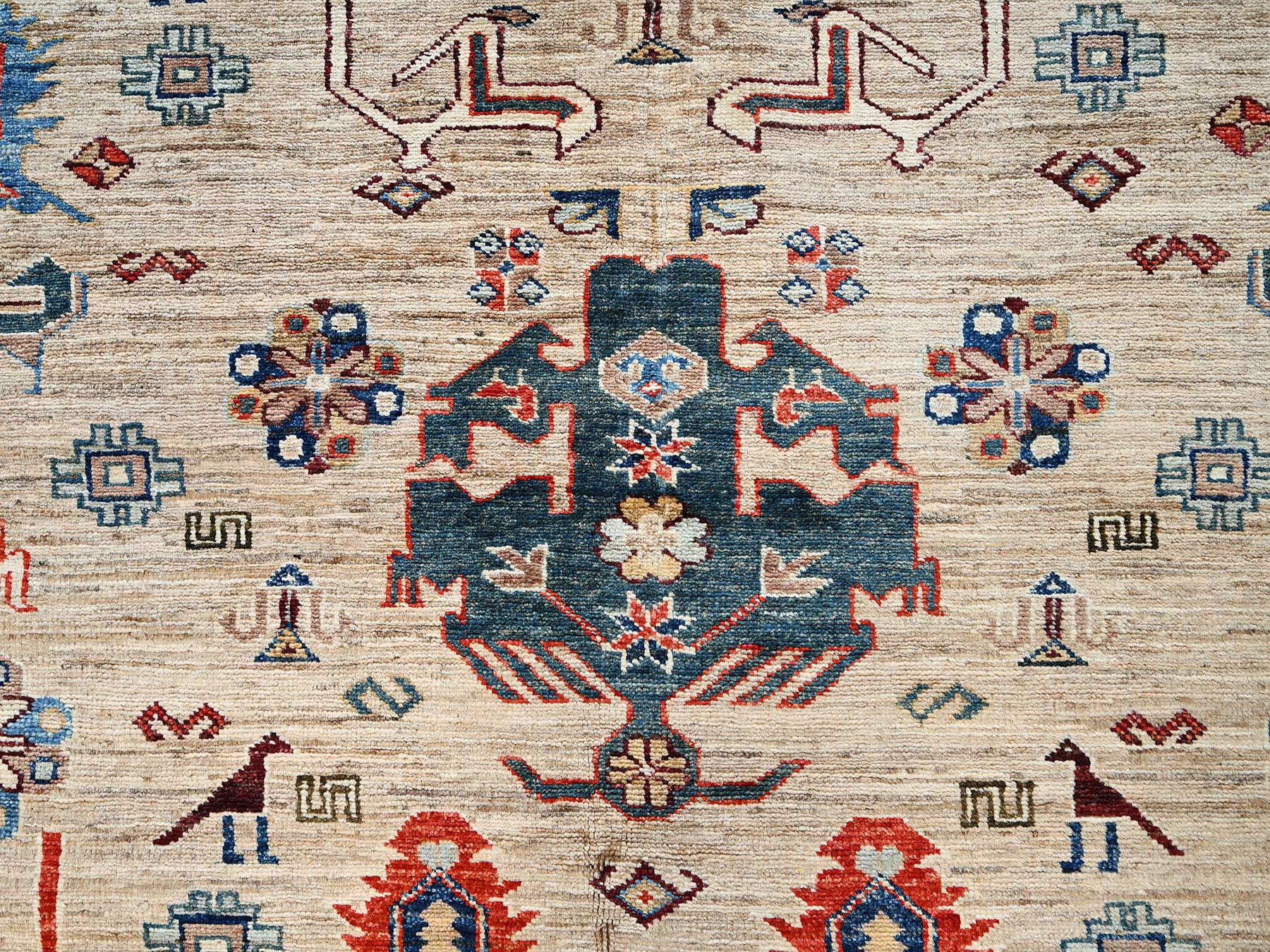 8'3"x9'9" Beige, Hand Knotted, Afghan Super Kazak with Geometric Medallions Design, Pure Wool, Vegetable Dyes, Oriental Rug HR1822 - Image 9