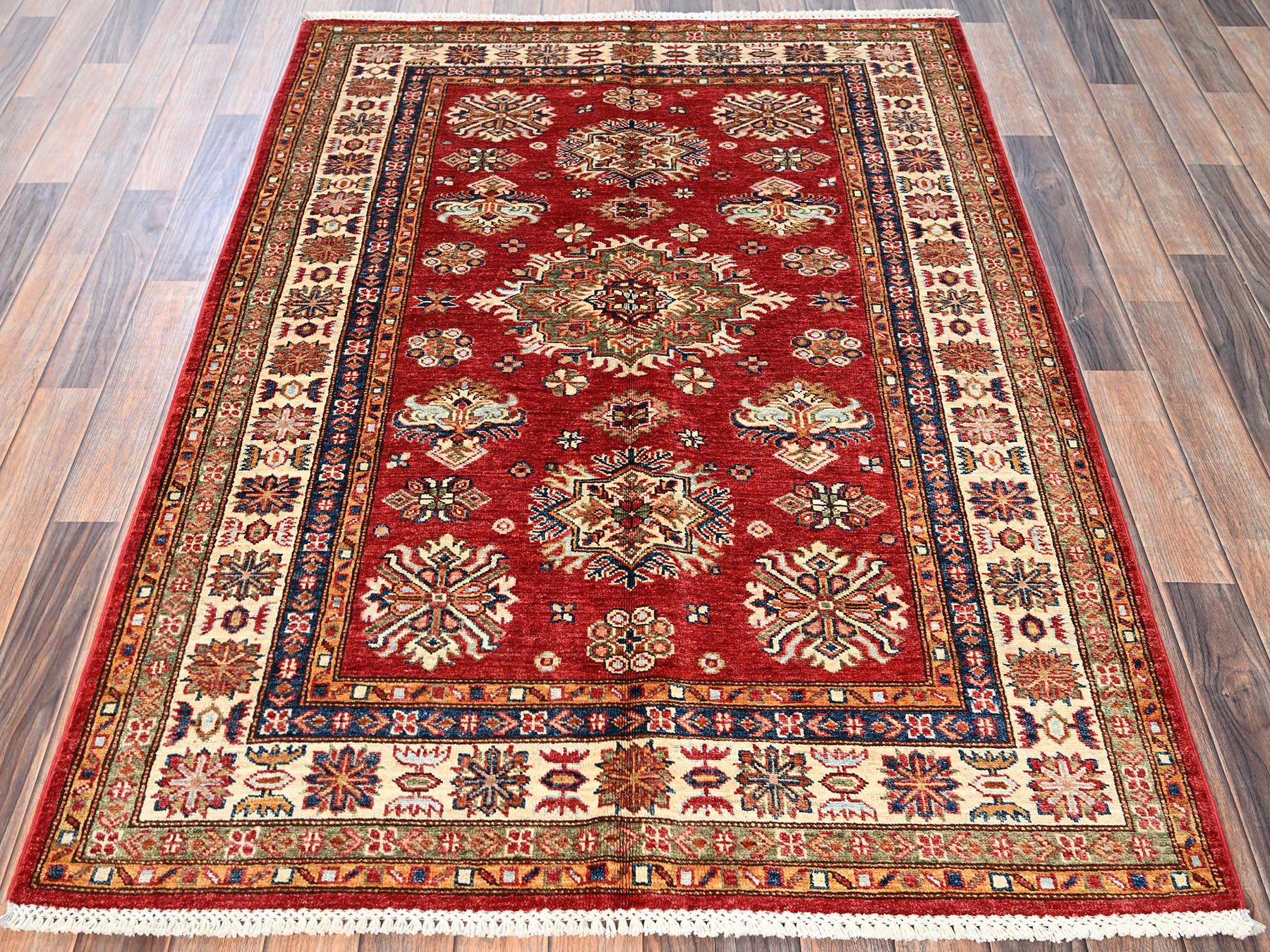 4'3"x6' Scarlet Red, Afghan Super Kazak with Geometric Medallions Design, Hand Knotted, Pure Wool, Vegetable Dyes, Oriental Rug HR1831 - Image 2