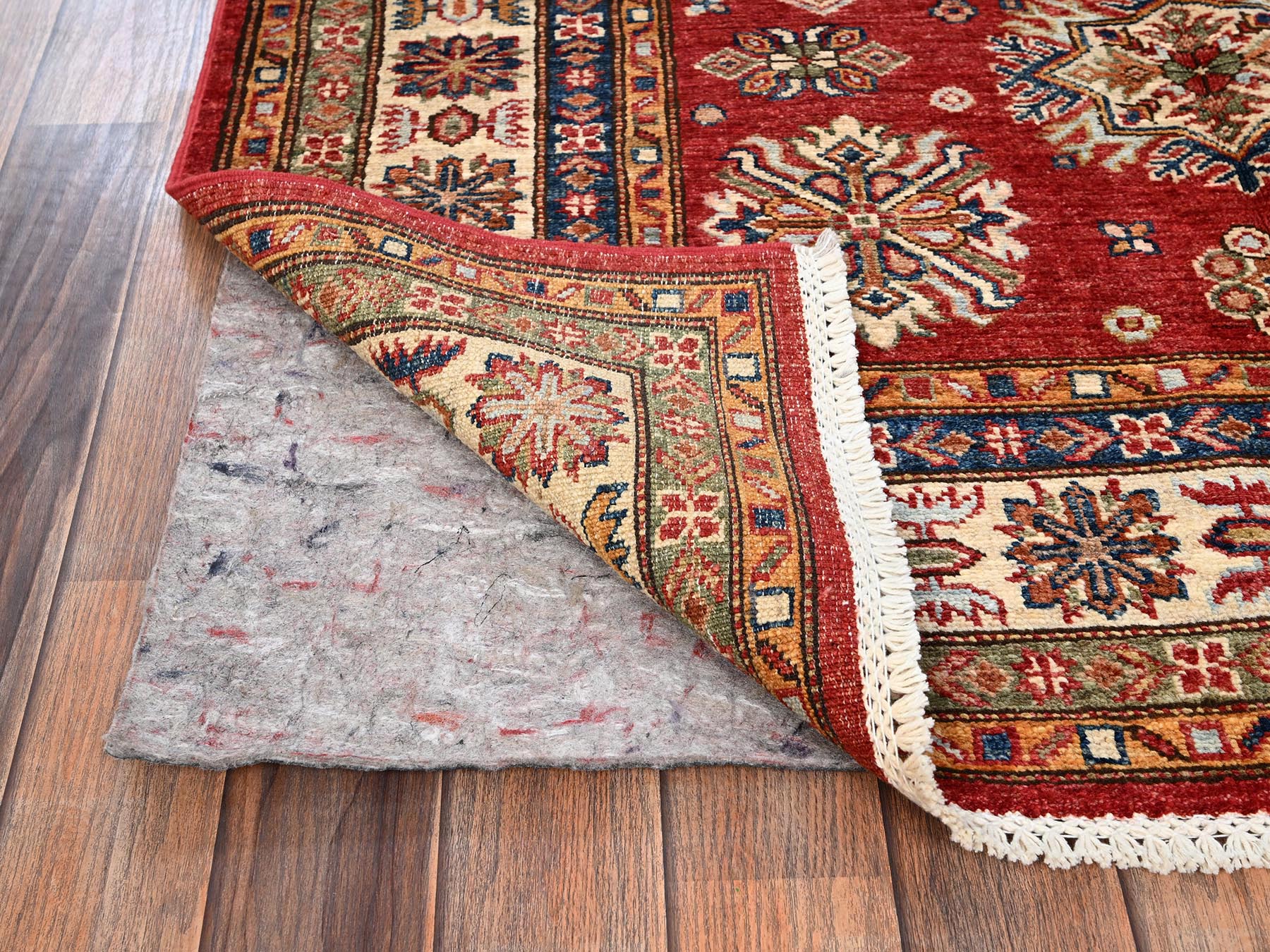 4'3"x6' Scarlet Red, Afghan Super Kazak with Geometric Medallions Design, Hand Knotted, Pure Wool, Vegetable Dyes, Oriental Rug HR1831 - Image 3
