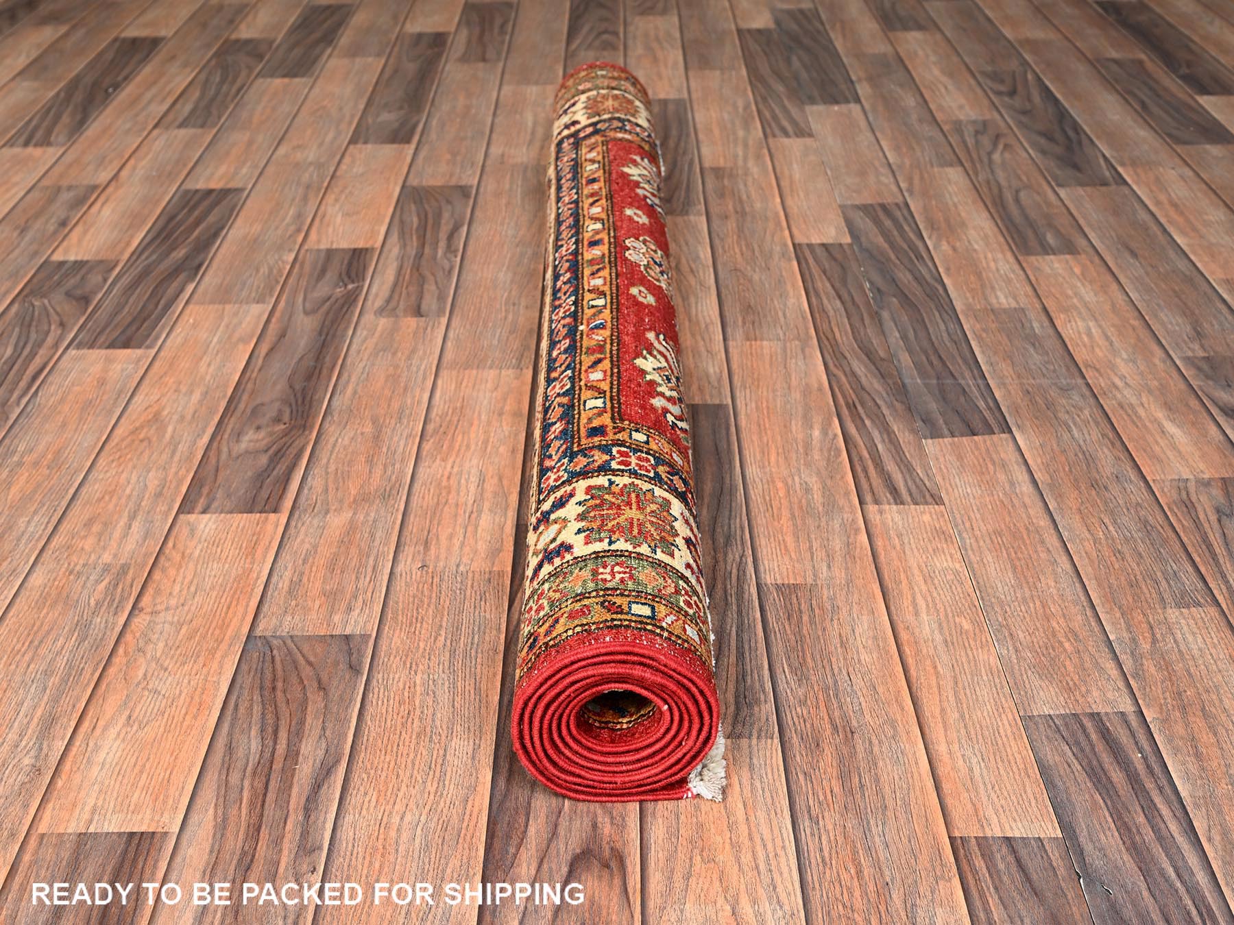 4'3"x6' Scarlet Red, Afghan Super Kazak with Geometric Medallions Design, Hand Knotted, Pure Wool, Vegetable Dyes, Oriental Rug HR1831 - Image 5