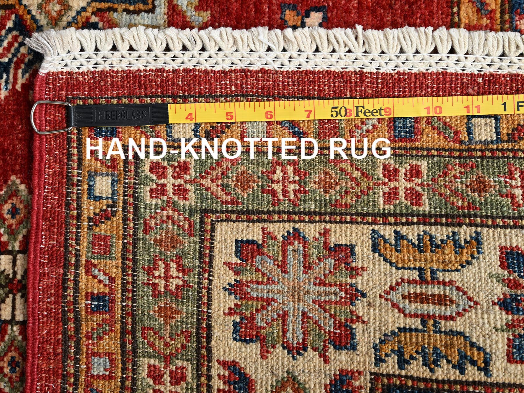 4'3"x6' Scarlet Red, Afghan Super Kazak with Geometric Medallions Design, Hand Knotted, Pure Wool, Vegetable Dyes, Oriental Rug HR1831 - Image 7