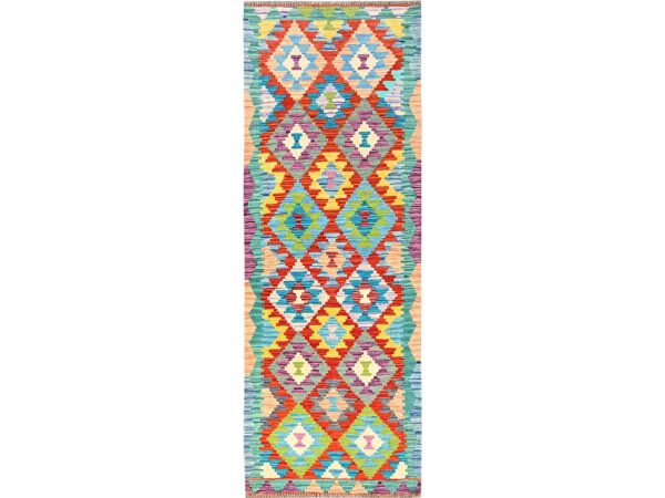 2'9"x8'2" Colorful, Afghan Kilim with Geometric Pattern, Vegetable Dyes, 100% Wool, Flat Weave, Hand Woven, Reversible, Runner, Oriental Rug HR1908