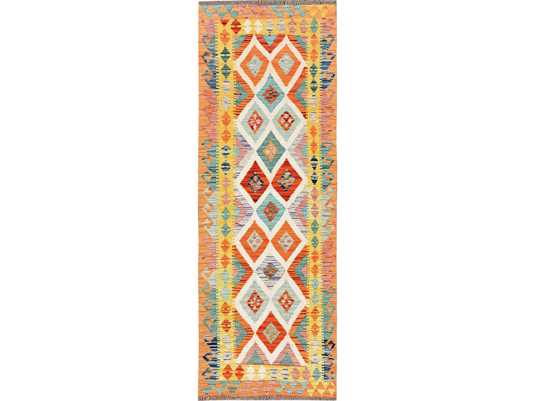 2'8"x8' Colorful, Afghan Kilim with Geometric Pattern, Flat Weave, 100% Wool, Vegetable Dyes, Hand Woven, Reversible, Runner, Oriental Rug HR1923