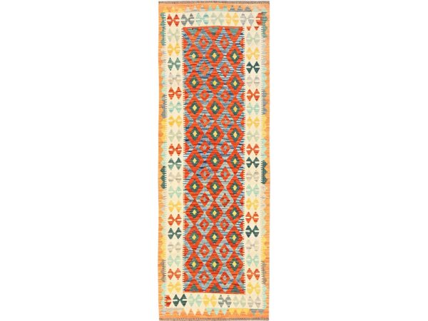 2'8"x8'1" Colorful, Afghan Kilim with Geometric Pattern, Flat Weave, 100% Wool, Vegetable Dyes, Hand Woven, Reversible, Runner, Oriental Rug HR1927