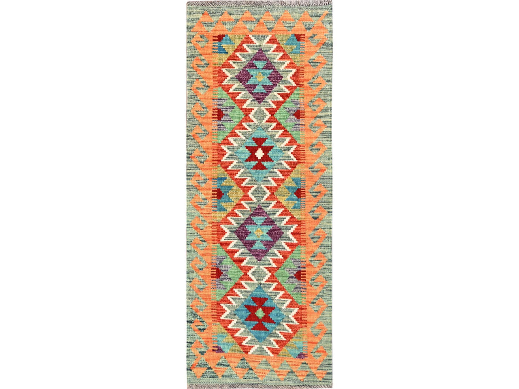 1'9"x4'10" Colorful, Reversible, 100% Wool, Afghan Kilim with Geometric Pattern, Flat Weave, Vegetable Dyes, Hand Woven, Short & Narrow Runner, Oriental Rug HR1933