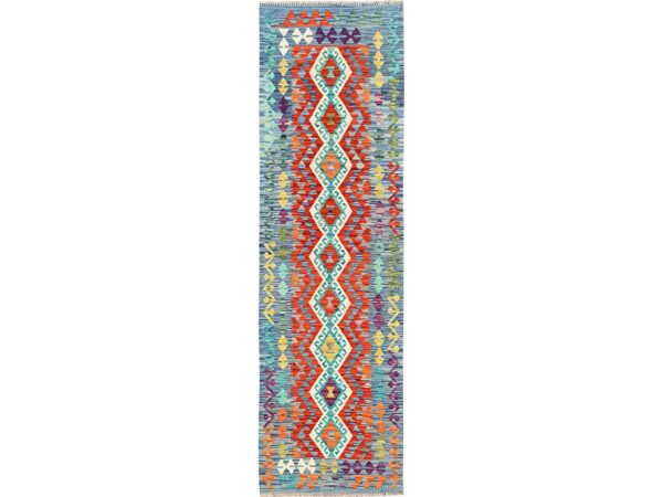 2'7"x9'6" Colorful, Hand Woven, Afghan Kilim with Geometric Pattern, 100% Wool, Vegetable Dyes, Flat Weave, Reversible, Runner, Oriental Rug HR1950