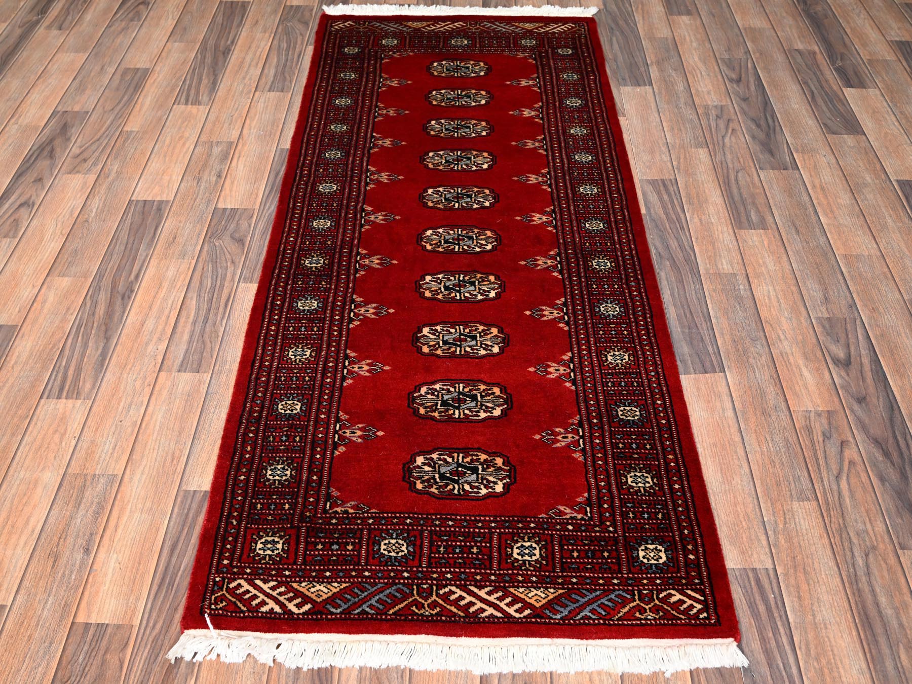 2'7"x6'3" Carmine Red, Hand Knotted, Princess Bokara with Tribal Medallions, Natural Wool, Narrow Runner, Oriental Rug HR1994 - Image 2
