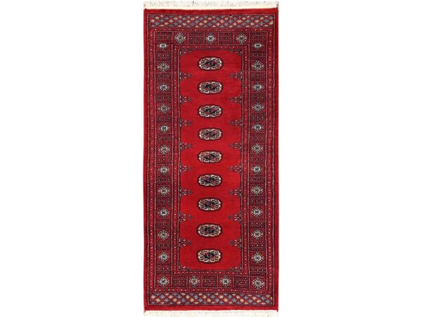 2'7"x6' Crimson Red, Soft and Shiny Wool, Hand Knotted, Princess Bokara with Tribal Medallions, Narrow Runner, Oriental Rug HR1995