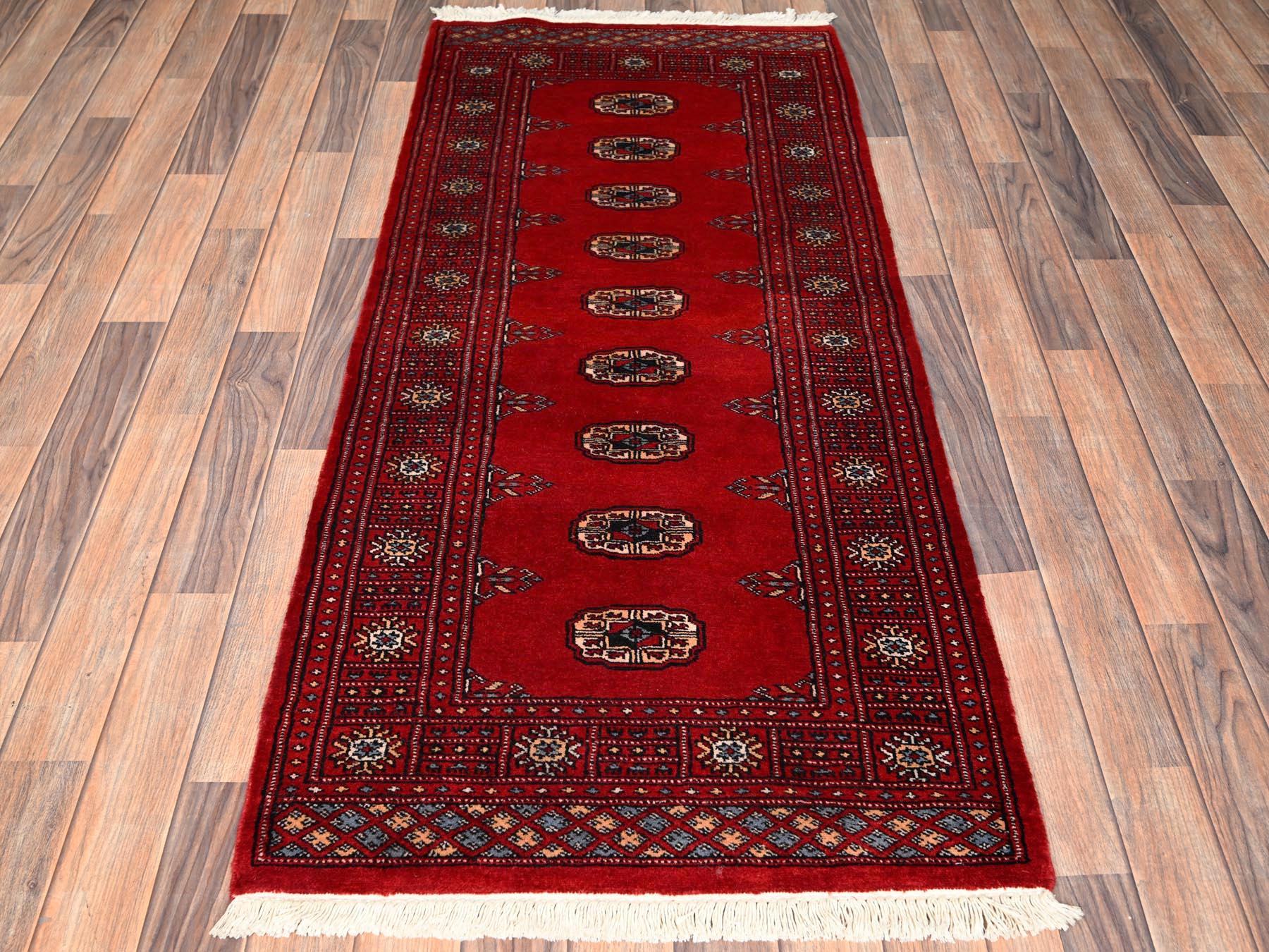 2'7"x6' Crimson Red, Soft and Shiny Wool, Hand Knotted, Princess Bokara with Tribal Medallions, Narrow Runner, Oriental Rug HR1995 - Image 2