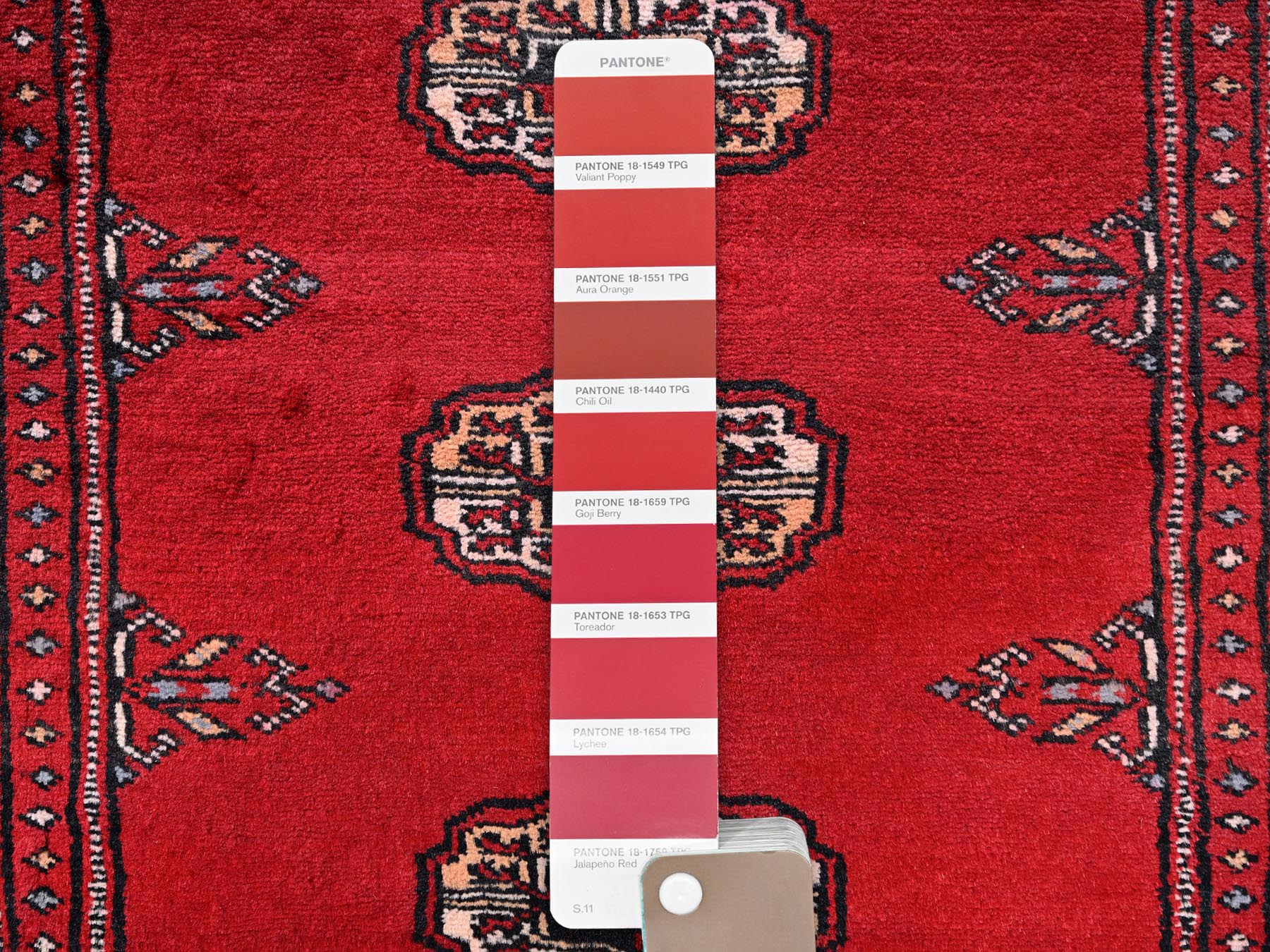 2'7"x6' Crimson Red, Soft and Shiny Wool, Hand Knotted, Princess Bokara with Tribal Medallions, Narrow Runner, Oriental Rug HR1995 - Image 4