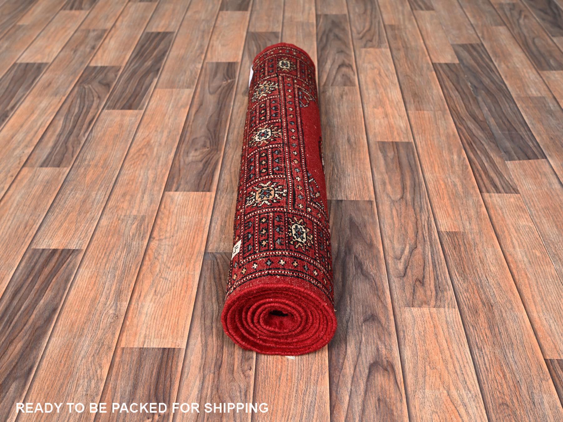 2'7"x6' Crimson Red, Soft and Shiny Wool, Hand Knotted, Princess Bokara with Tribal Medallions, Narrow Runner, Oriental Rug HR1995 - Image 5