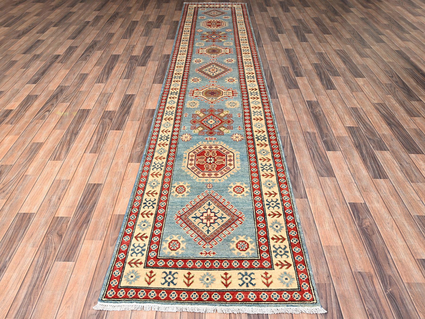 2'10"x13'5" Steel Blue, Hand Knotted, Vegetable Dyes, Kazak with Geometric Medallions Design, Denser Weave, Pure Wool, Runner, Oriental Rug HR2017 - Image 2