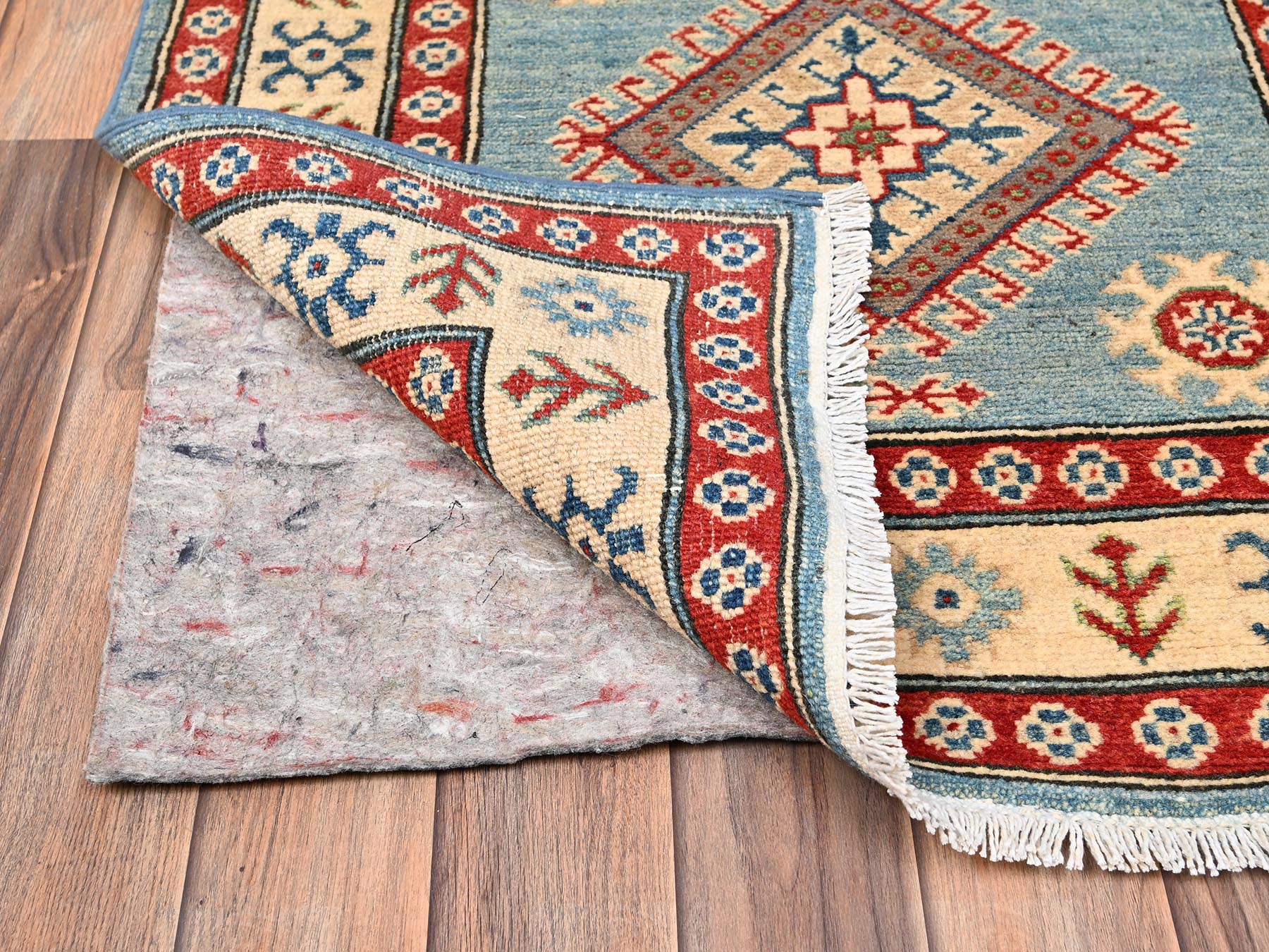 2'10"x13'5" Steel Blue, Hand Knotted, Vegetable Dyes, Kazak with Geometric Medallions Design, Denser Weave, Pure Wool, Runner, Oriental Rug HR2017 - Image 3