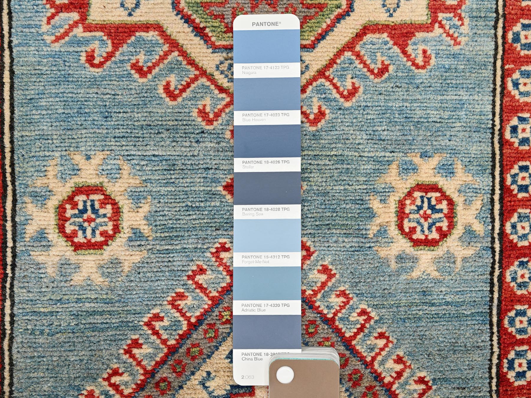 2'10"x13'5" Steel Blue, Hand Knotted, Vegetable Dyes, Kazak with Geometric Medallions Design, Denser Weave, Pure Wool, Runner, Oriental Rug HR2017 - Image 4