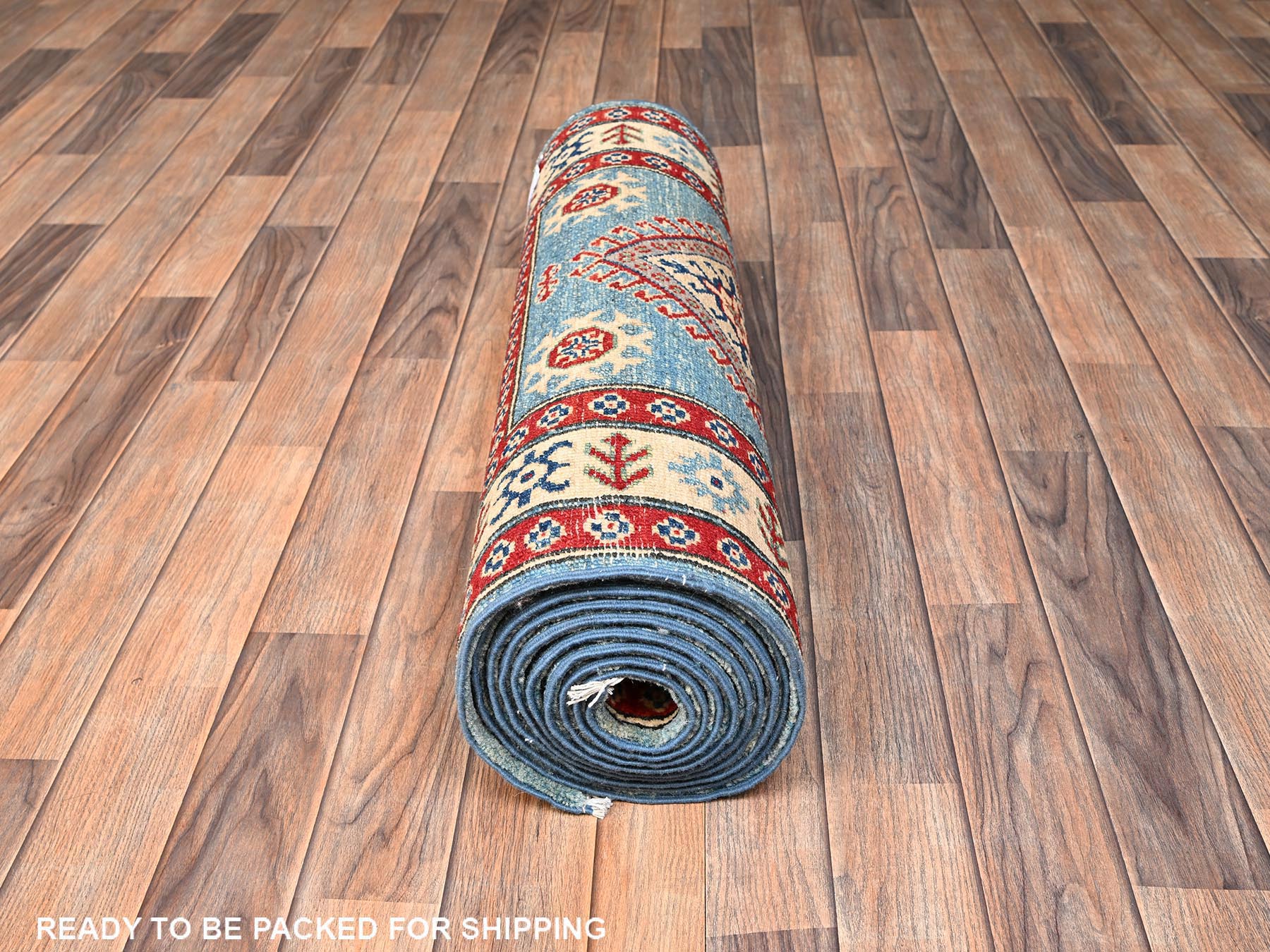 2'10"x13'5" Steel Blue, Hand Knotted, Vegetable Dyes, Kazak with Geometric Medallions Design, Denser Weave, Pure Wool, Runner, Oriental Rug HR2017 - Image 5