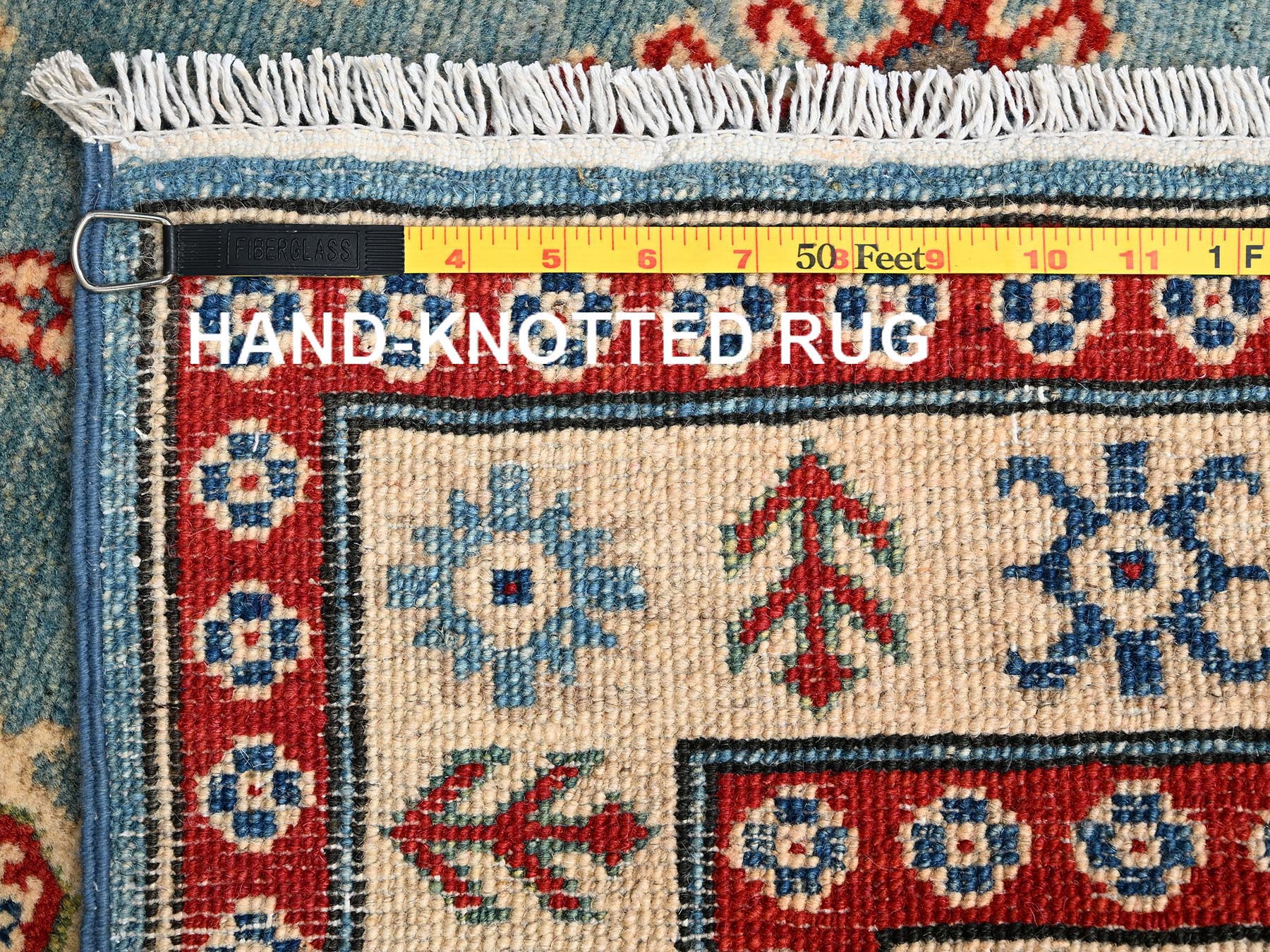 2'10"x13'5" Steel Blue, Hand Knotted, Vegetable Dyes, Kazak with Geometric Medallions Design, Denser Weave, Pure Wool, Runner, Oriental Rug HR2017 - Image 7