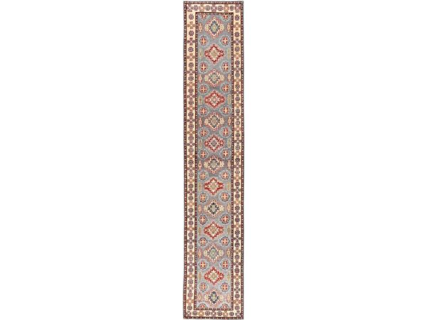 2'8"x15'2" Mirage Gray, Denser Weave, Kazak with Geometric Medallions Design, Hand Knotted, Vegetable Dyes, Organic Wool, XL, Runner, Oriental Rug HR2024