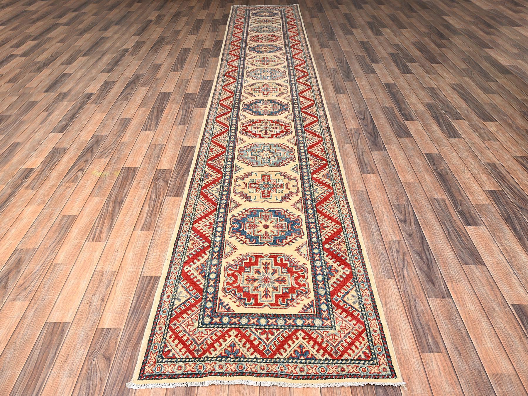 2'9"x15'4" Linen White, Kazak with Geometric Medallions Design, Vegetable Dyes, Denser Weave, Hand Knotted, Pure Wool, XL, Runner, Oriental Rug HR2026 - Image 2
