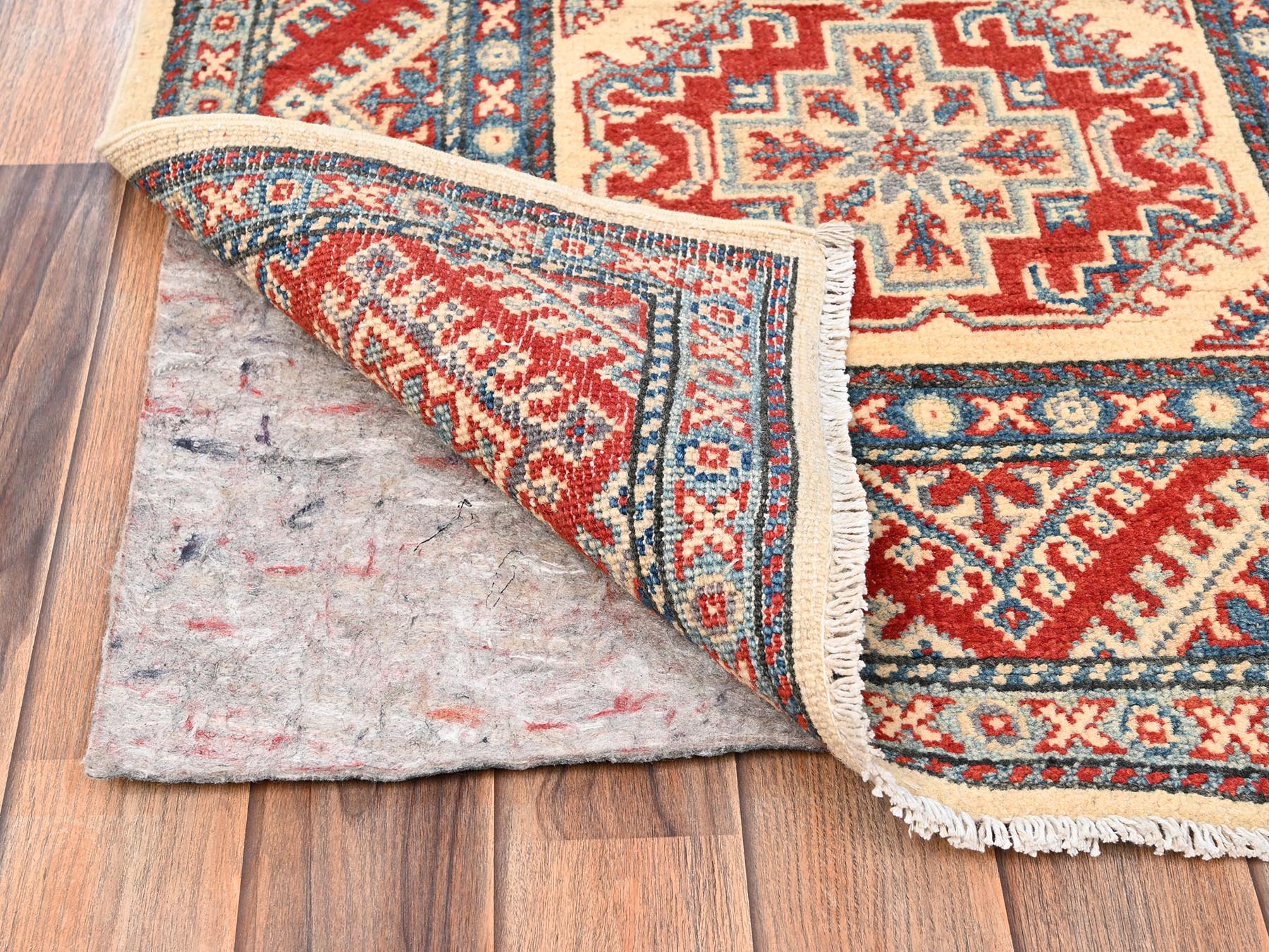 2'9"x15'4" Linen White, Kazak with Geometric Medallions Design, Vegetable Dyes, Denser Weave, Hand Knotted, Pure Wool, XL, Runner, Oriental Rug HR2026 - Image 3