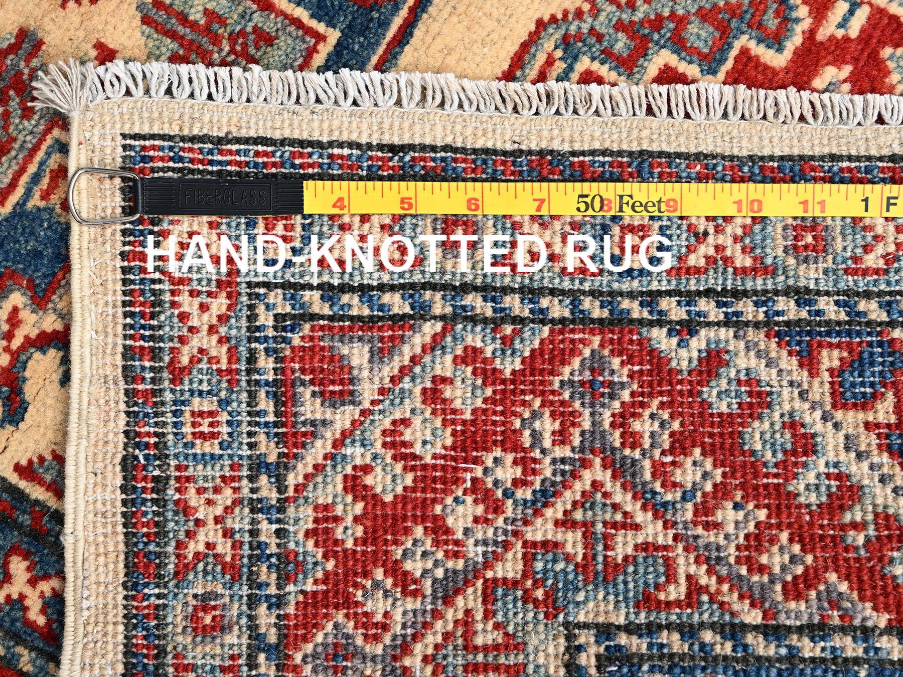2'9"x15'4" Linen White, Kazak with Geometric Medallions Design, Vegetable Dyes, Denser Weave, Hand Knotted, Pure Wool, XL, Runner, Oriental Rug HR2026 - Image 7