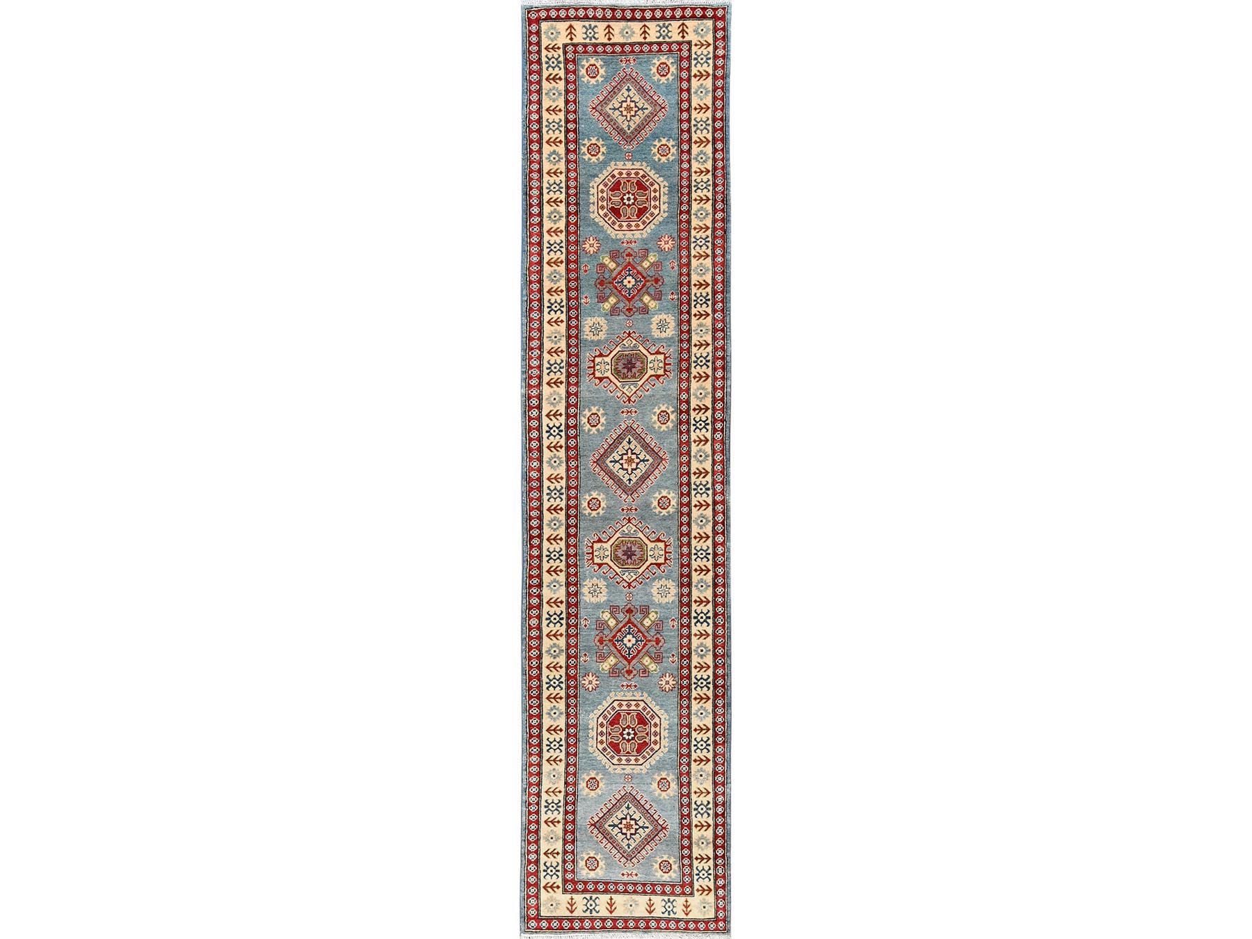 2'10"x13'5" Adriatic Blue, Kazak with Geometric Medallions Design, Hand Knotted, Pure Wool, Vegetable Dyes, Denser Weave, Runner, Oriental Rug HR2031