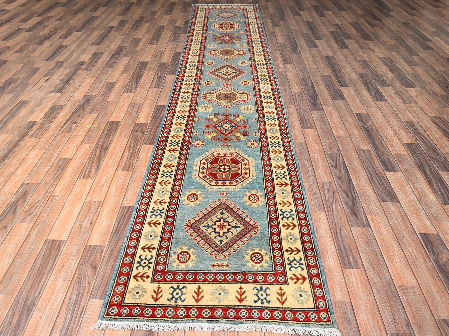 2'10"x13'5" Adriatic Blue, Kazak with Geometric Medallions Design, Hand Knotted, Pure Wool, Vegetable Dyes, Denser Weave, Runner, Oriental Rug HR2031 - Image 2