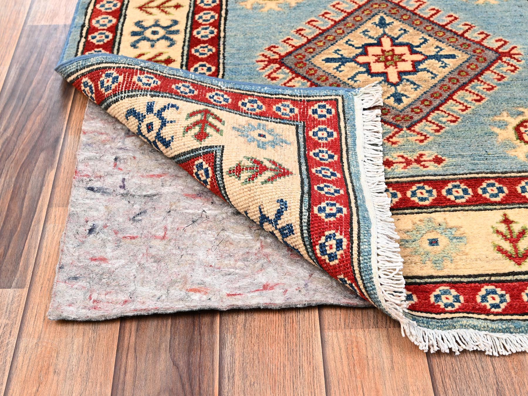 2'10"x13'5" Adriatic Blue, Kazak with Geometric Medallions Design, Hand Knotted, Pure Wool, Vegetable Dyes, Denser Weave, Runner, Oriental Rug HR2031 - Image 3