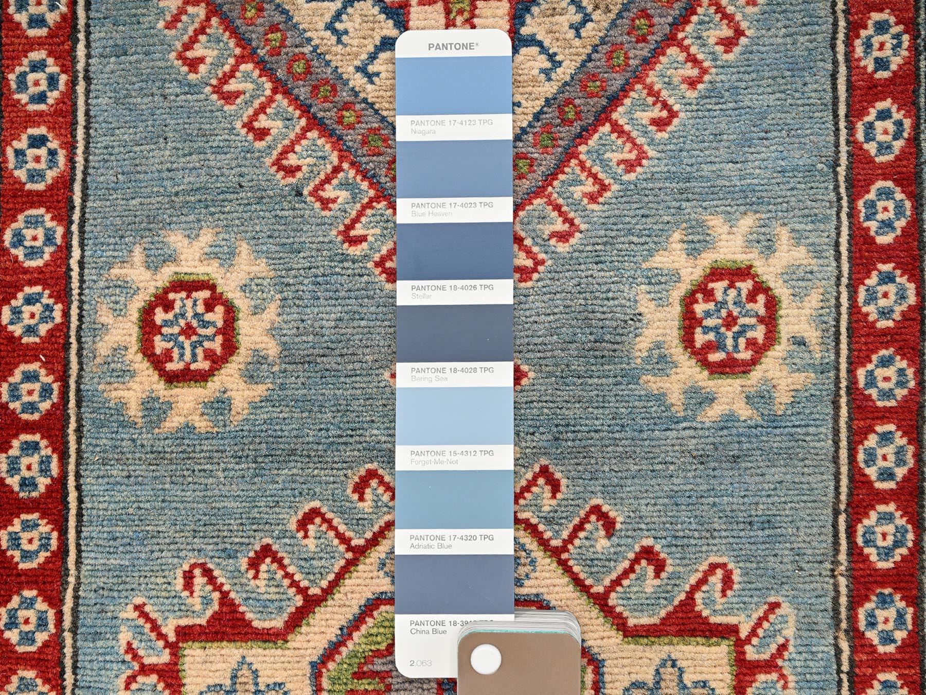 2'10"x13'5" Adriatic Blue, Kazak with Geometric Medallions Design, Hand Knotted, Pure Wool, Vegetable Dyes, Denser Weave, Runner, Oriental Rug HR2031 - Image 4