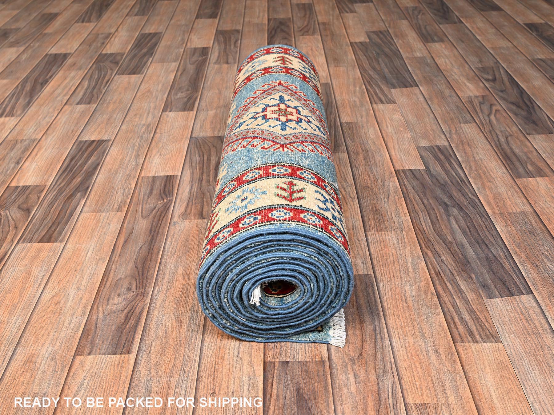 2'10"x13'5" Adriatic Blue, Kazak with Geometric Medallions Design, Hand Knotted, Pure Wool, Vegetable Dyes, Denser Weave, Runner, Oriental Rug HR2031 - Image 5