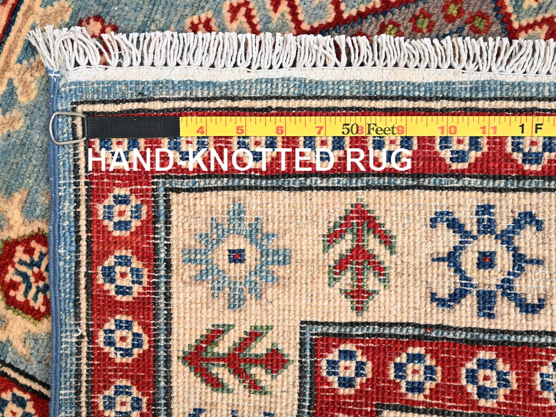 2'10"x13'5" Adriatic Blue, Kazak with Geometric Medallions Design, Hand Knotted, Pure Wool, Vegetable Dyes, Denser Weave, Runner, Oriental Rug HR2031 - Image 7