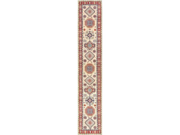 2'7"x15'10" Island Spice White, Hand Knotted, Organic Wool, Vegetable Dyes, Denser Weave, Kazak with Geometric Medallions Design, XL, Runner, Oriental Rug HR2032