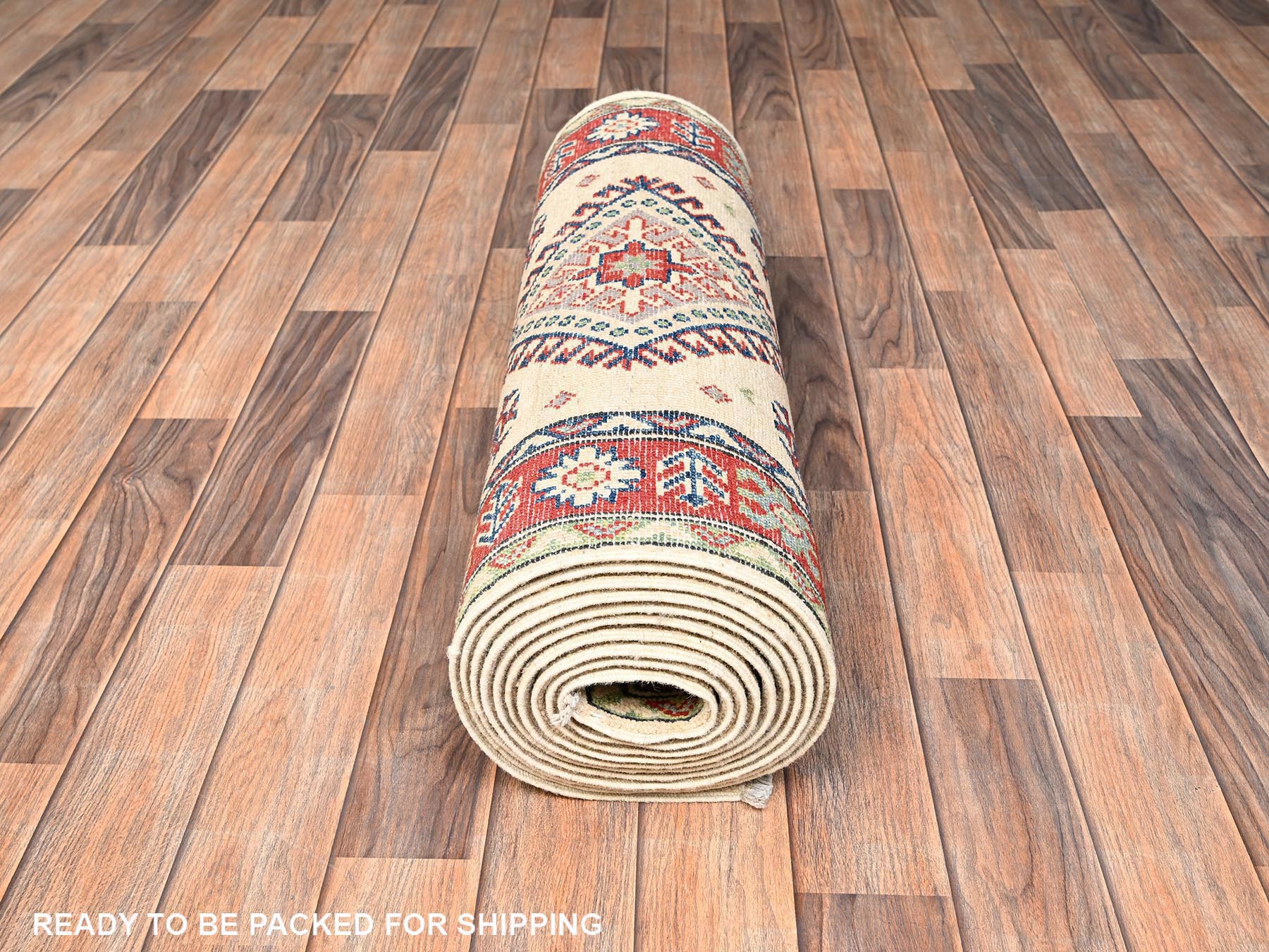 2'7"x15'10" Island Spice White, Hand Knotted, Organic Wool, Vegetable Dyes, Denser Weave, Kazak with Geometric Medallions Design, XL, Runner, Oriental Rug HR2032 - Image 5