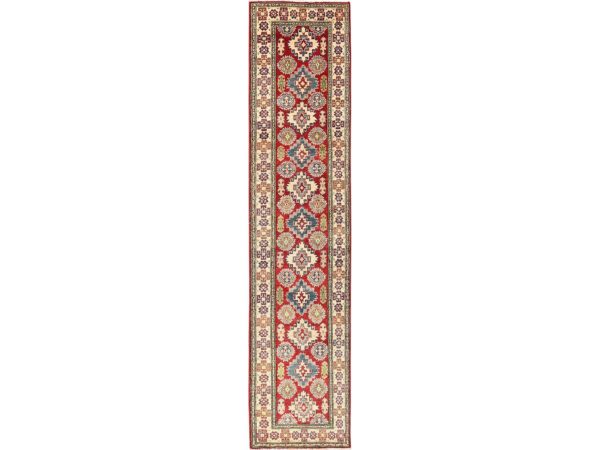 2'7"x12'8" Berry Red, Natural Wool, Vegetable Dyes, Denser Weave, Kazak with Geometric Medallions Design, Hand Knotted, Runner, Oriental Rug HR2034