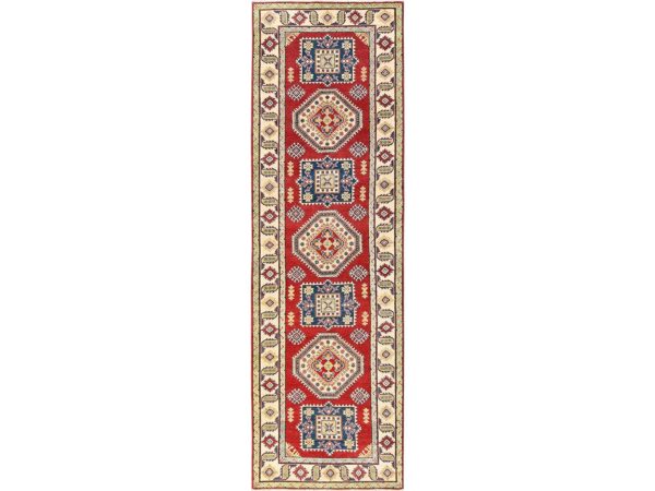 4'x13'6" Crimson Red, Kazak with Geometric Medallions Design, Hand Knotted, Pure Wool, Vegetable Dyes, Denser Weave, Wide Runner, Oriental Rug HR2035