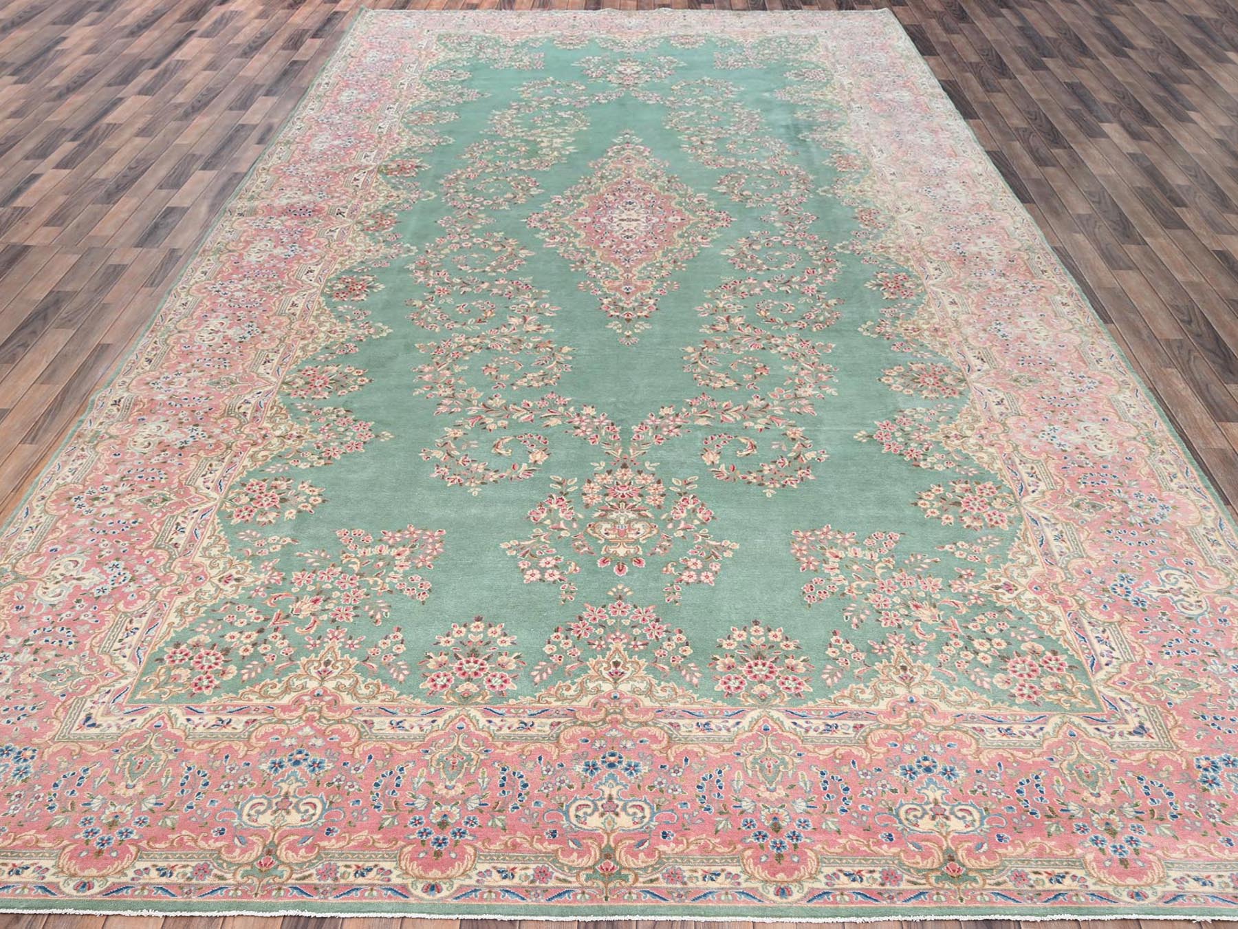 9'7"x20' Viridian Green, Vintage Persian Kerman, Good Condition, Clean and Soft, Even Wear, Long and Narrow, 100% Wool, Hand Knotted, XL, Oversized, Oriental Rug HR2050 - Image 2