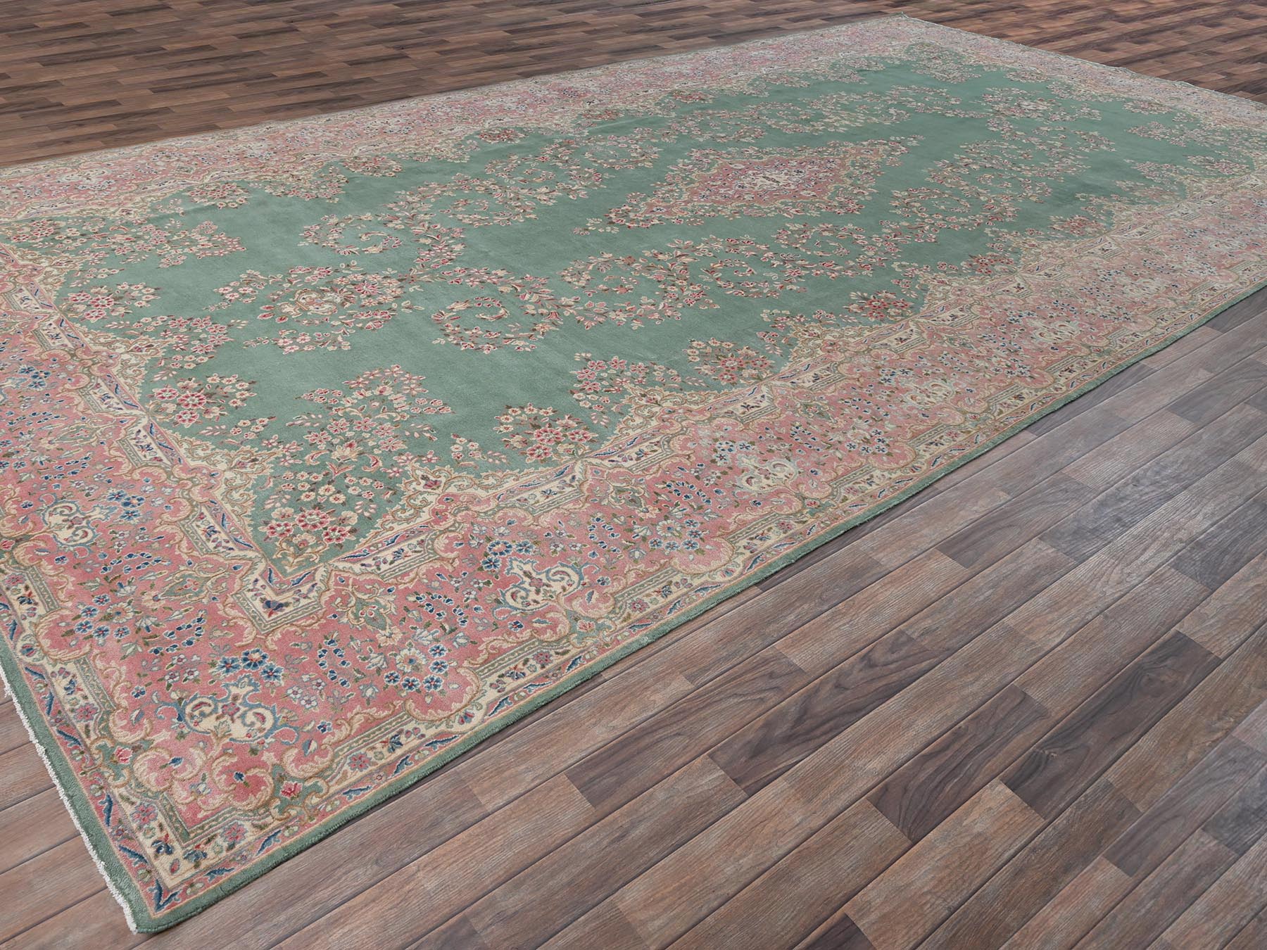 9'7"x20' Viridian Green, Vintage Persian Kerman, Good Condition, Clean and Soft, Even Wear, Long and Narrow, 100% Wool, Hand Knotted, XL, Oversized, Oriental Rug HR2050 - Image 3