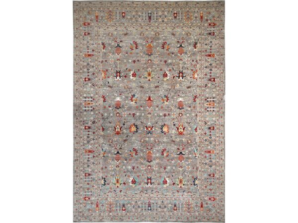 18'3"x23'9" Stone Gray, Hand Knotted, Afghan Sultani with Pomegranate Design, Denser Weave, Vegetable Dyes, Soft Wool, Mansion Size, XL, Oversized, Oriental Rug HR2080