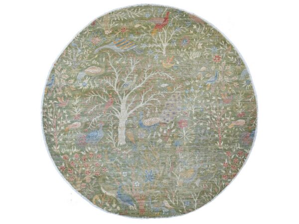 8'x8' Pickle Green, Afghan Peshawar with Colorful Birds of Paradise Design, Hand Knotted, Pure Wool, Natural Dyes, Round, Oriental Rug HR21109