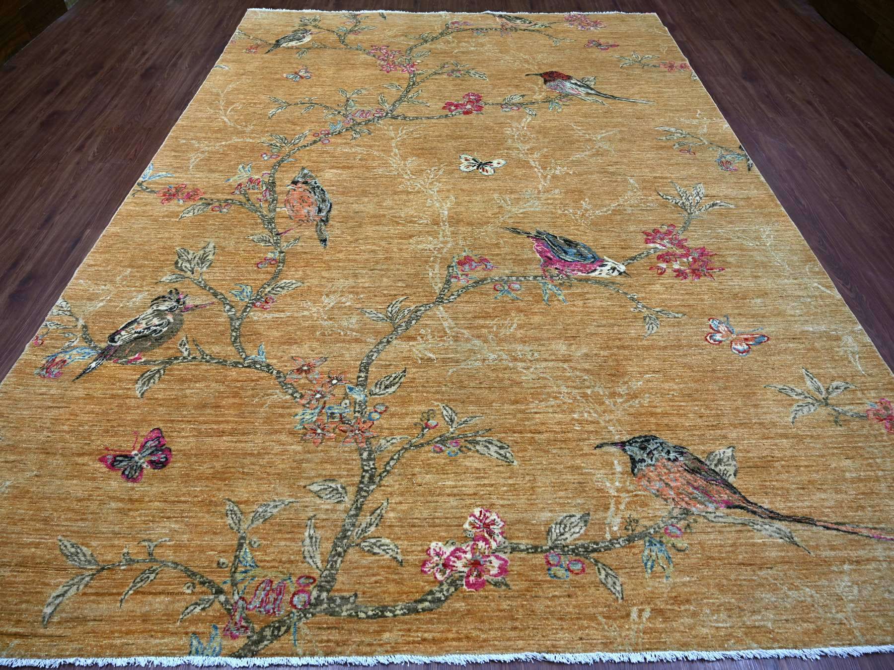 9'x11'10" Copper Brown, Sparrows on the Tree, Peshawar, Densely Woven, High Mountain Wool, Hand Knotted, Soft to the Touch, Oriental Rug HR21113 - Image 2