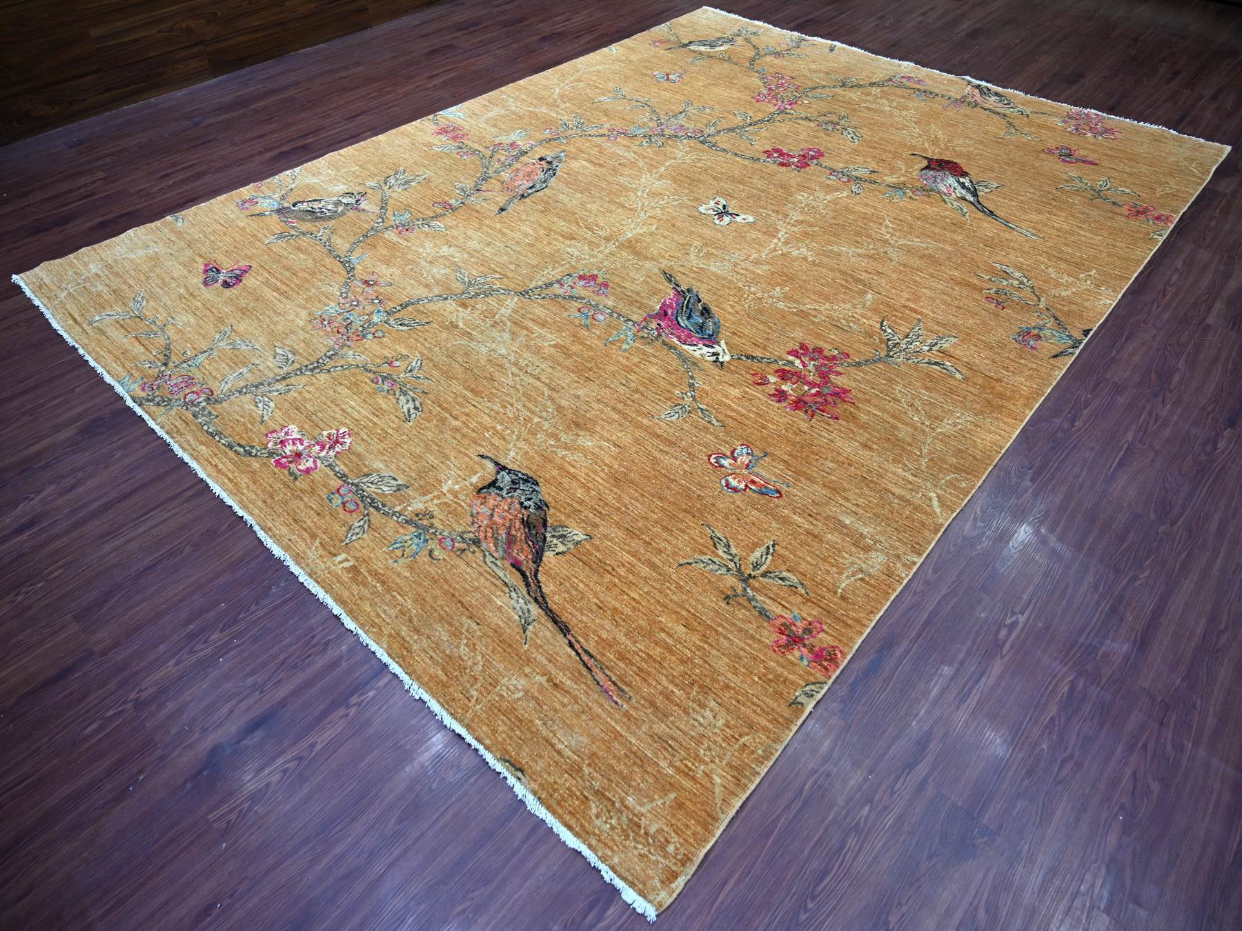 9'x11'10" Copper Brown, Sparrows on the Tree, Peshawar, Densely Woven, High Mountain Wool, Hand Knotted, Soft to the Touch, Oriental Rug HR21113 - Image 3