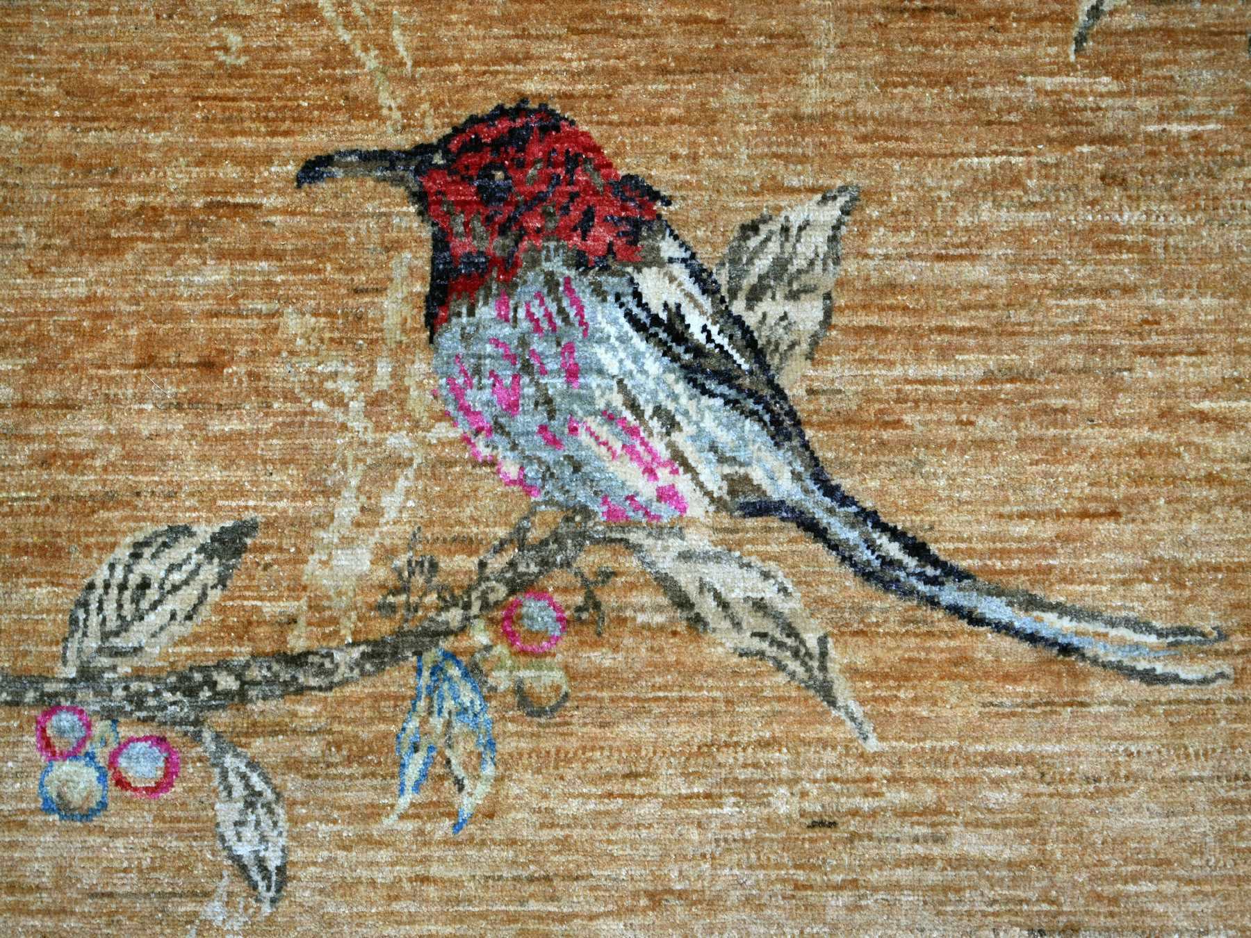 9'x11'10" Copper Brown, Sparrows on the Tree, Peshawar, Densely Woven, High Mountain Wool, Hand Knotted, Soft to the Touch, Oriental Rug HR21113 - Image 8