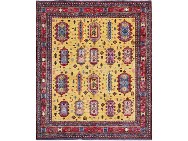 8'3"x9'8" Macaroon Yellow, Afghan Ersari with Turkish Knot, Caucasian Design Revival, Vegetable Dyes, Hand Knotted, Soft and Shiny Wool, Oriental Rug HR551