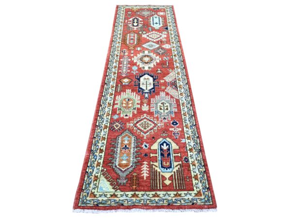 2'8"x9'8" Rich Red, Natural Dyes Soft Wool Hand Knotted, Afghan Ersari with Large Elements, Runner Oriental Rug HR72259