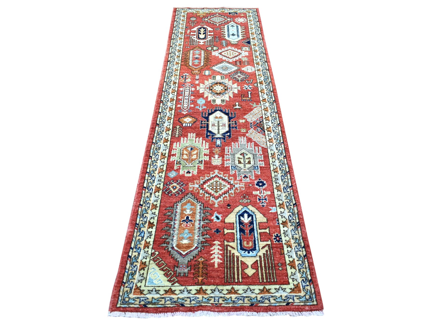 2'8"x9'8" Rich Red, Natural Dyes Soft Wool Hand Knotted, Afghan Ersari with Large Elements, Runner Oriental Rug HR72259