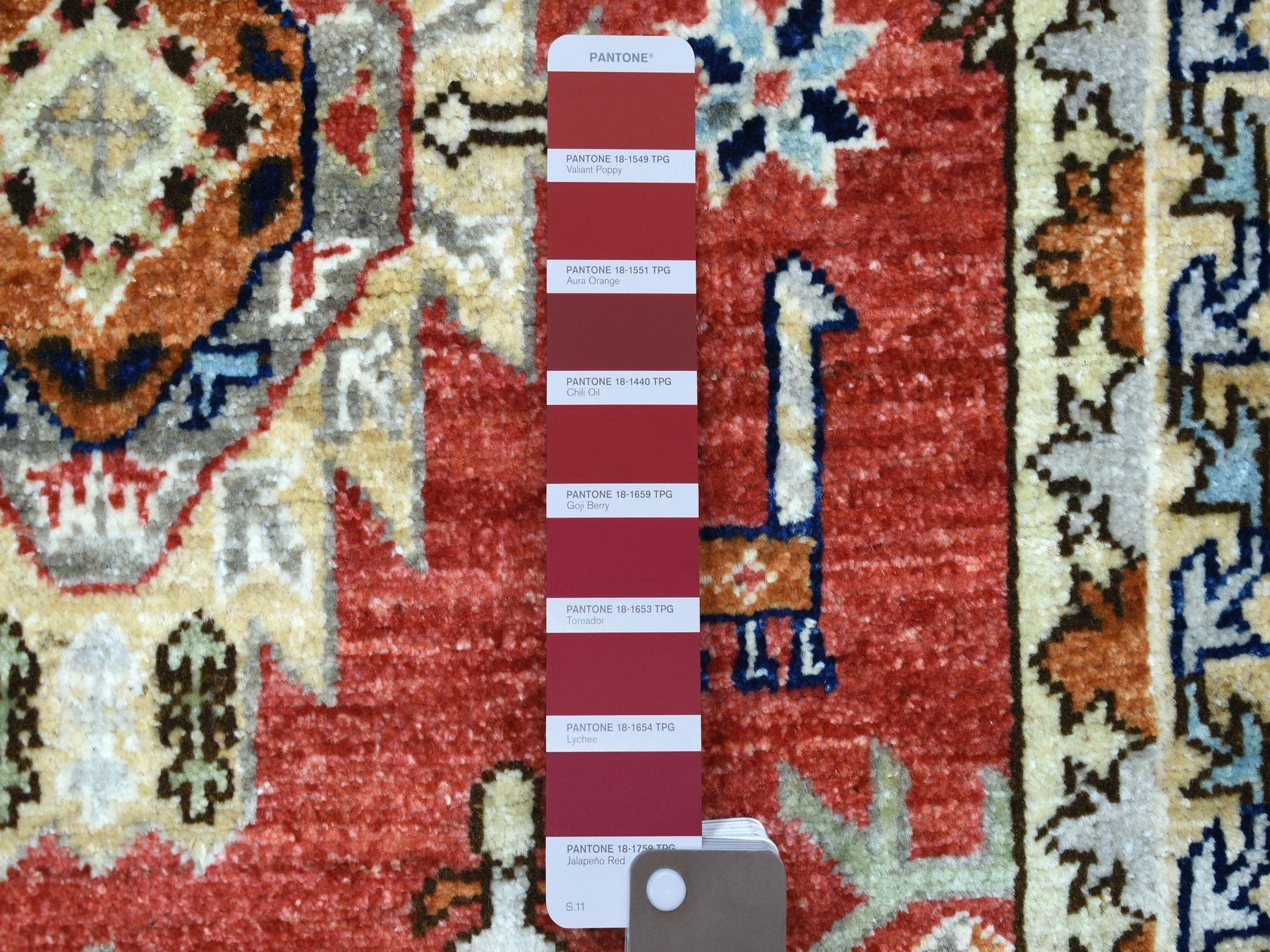 2'8"x9'8" Rich Red, Natural Dyes Soft Wool Hand Knotted, Afghan Ersari with Large Elements, Runner Oriental Rug HR72259 - Image 3
